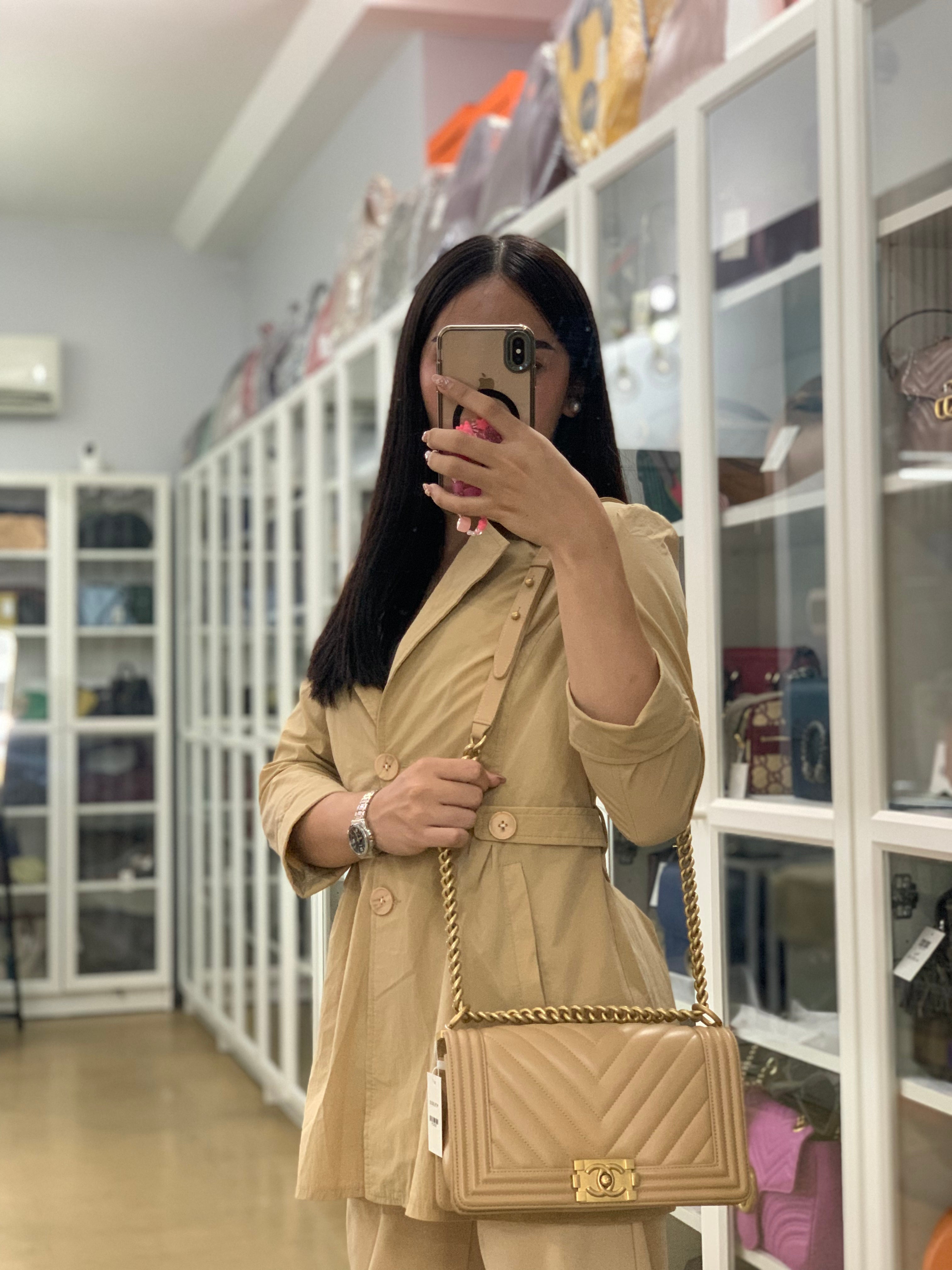 Boy Old Medium in Beige Chevron Lambskin Leather in Aged Gold Hardware Series 25 | Purse Maison Luxury Bags Shop