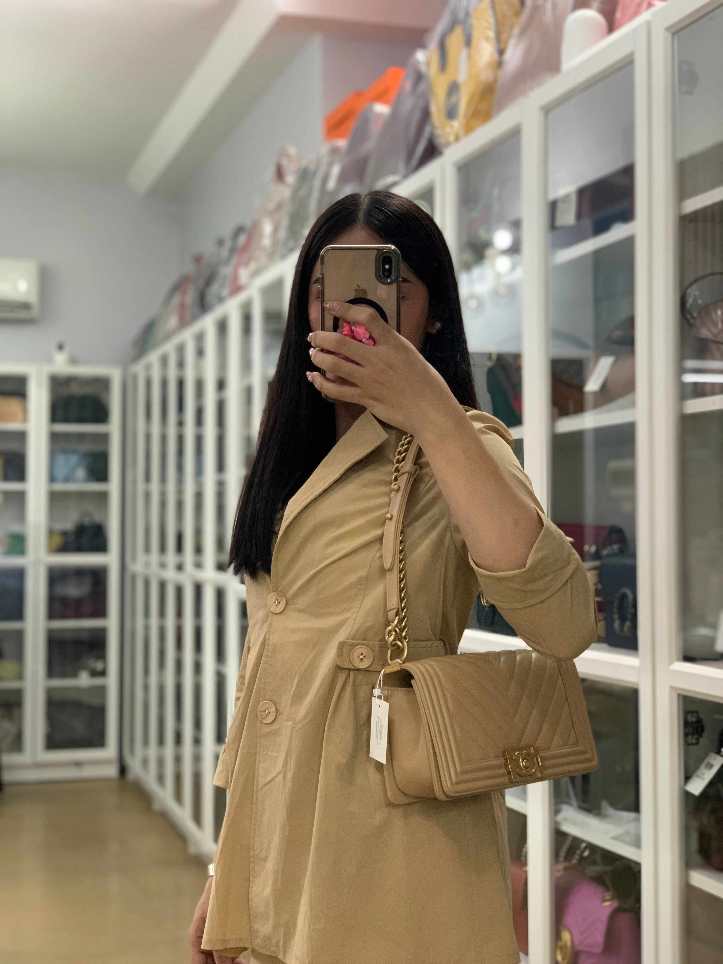 Boy Old Medium in Beige Chevron Lambskin Leather in Aged Gold Hardware Series 25 | Purse Maison Luxury Bags Shop