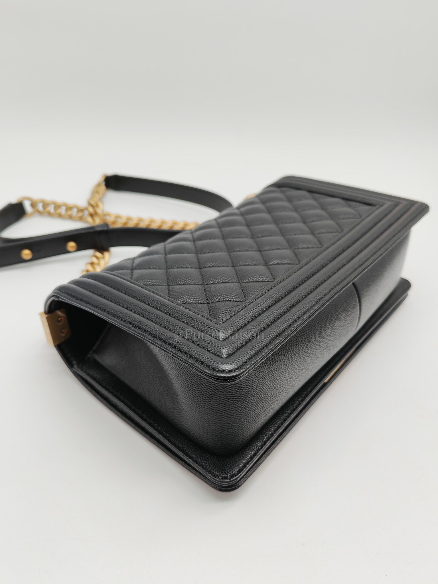 Le Boy Old Medium in Black Quilted Caviar Leather & Aged Gold Hardware Microchip | Purse Maison Luxury Bags Shop