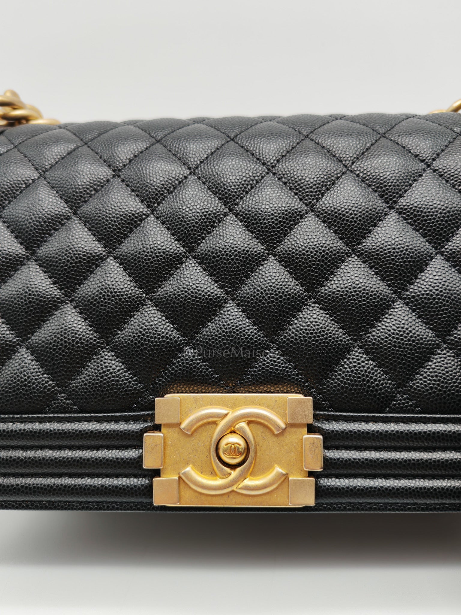 Le Boy Old Medium in Black Quilted Caviar Leather & Aged Gold Hardware Microchip | Purse Maison Luxury Bags Shop