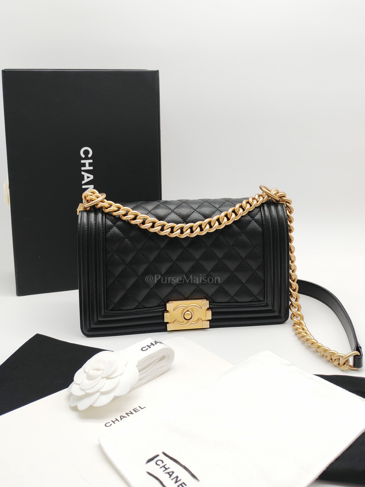 Le Boy Old Medium in Black Quilted Caviar Leather & Aged Gold Hardware Microchip | Purse Maison Luxury Bags Shop