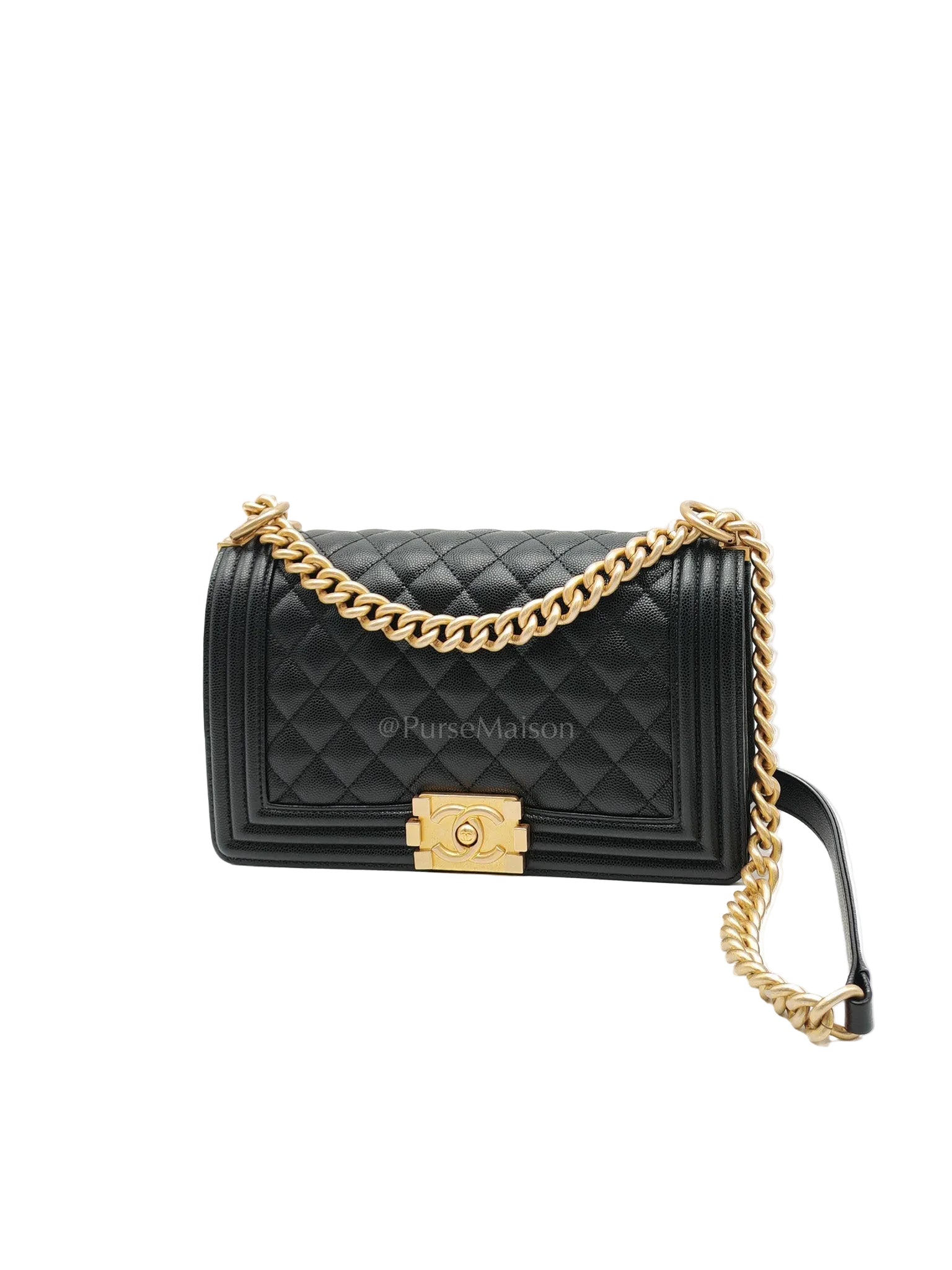 Le Boy Old Medium in Black Quilted Caviar Leather & Aged Gold Hardware Microchip | Purse Maison Luxury Bags Shop