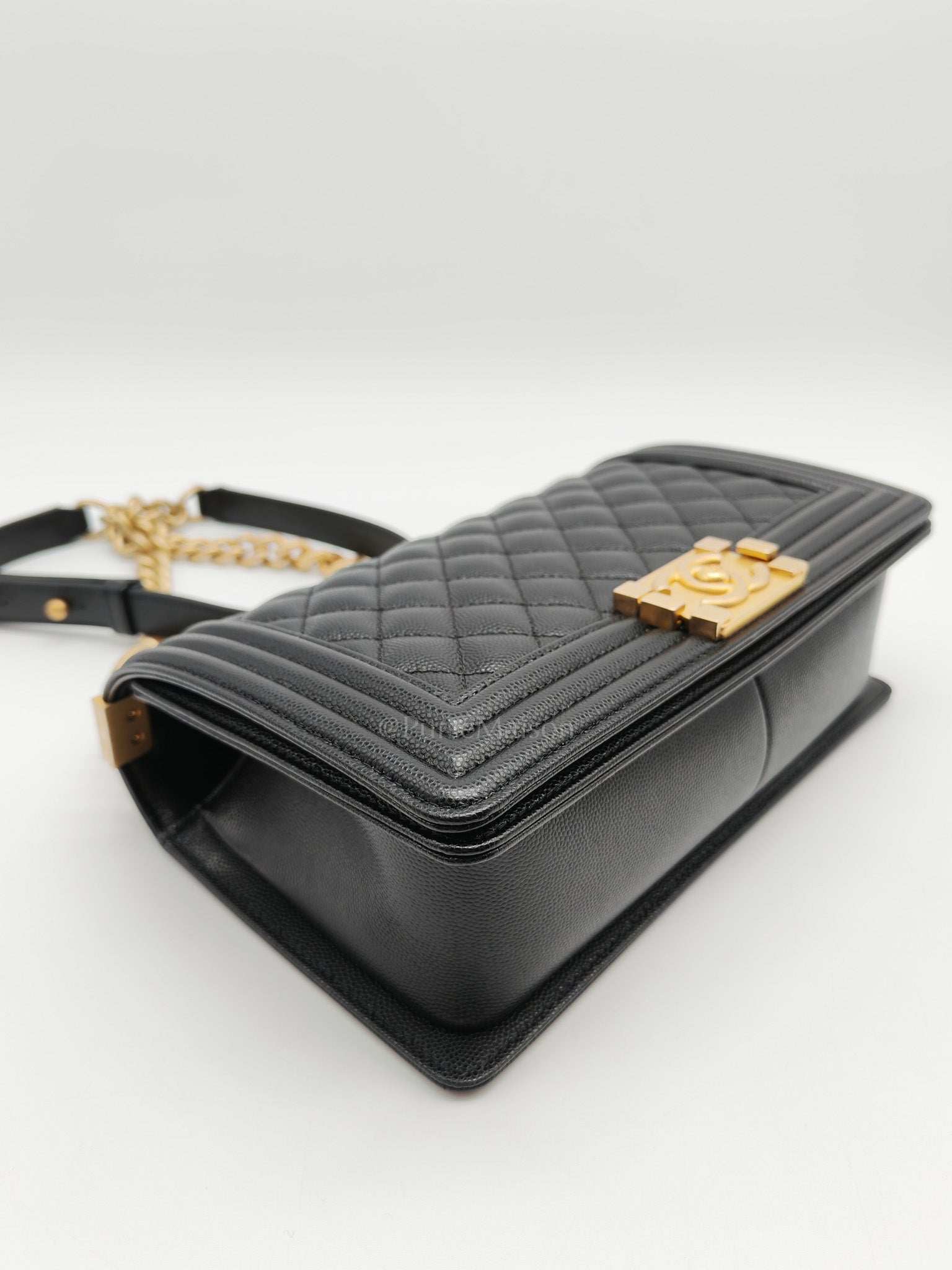 Le Boy Old Medium in Black Quilted Caviar Leather & Aged Gold Hardware Microchip | Purse Maison Luxury Bags Shop