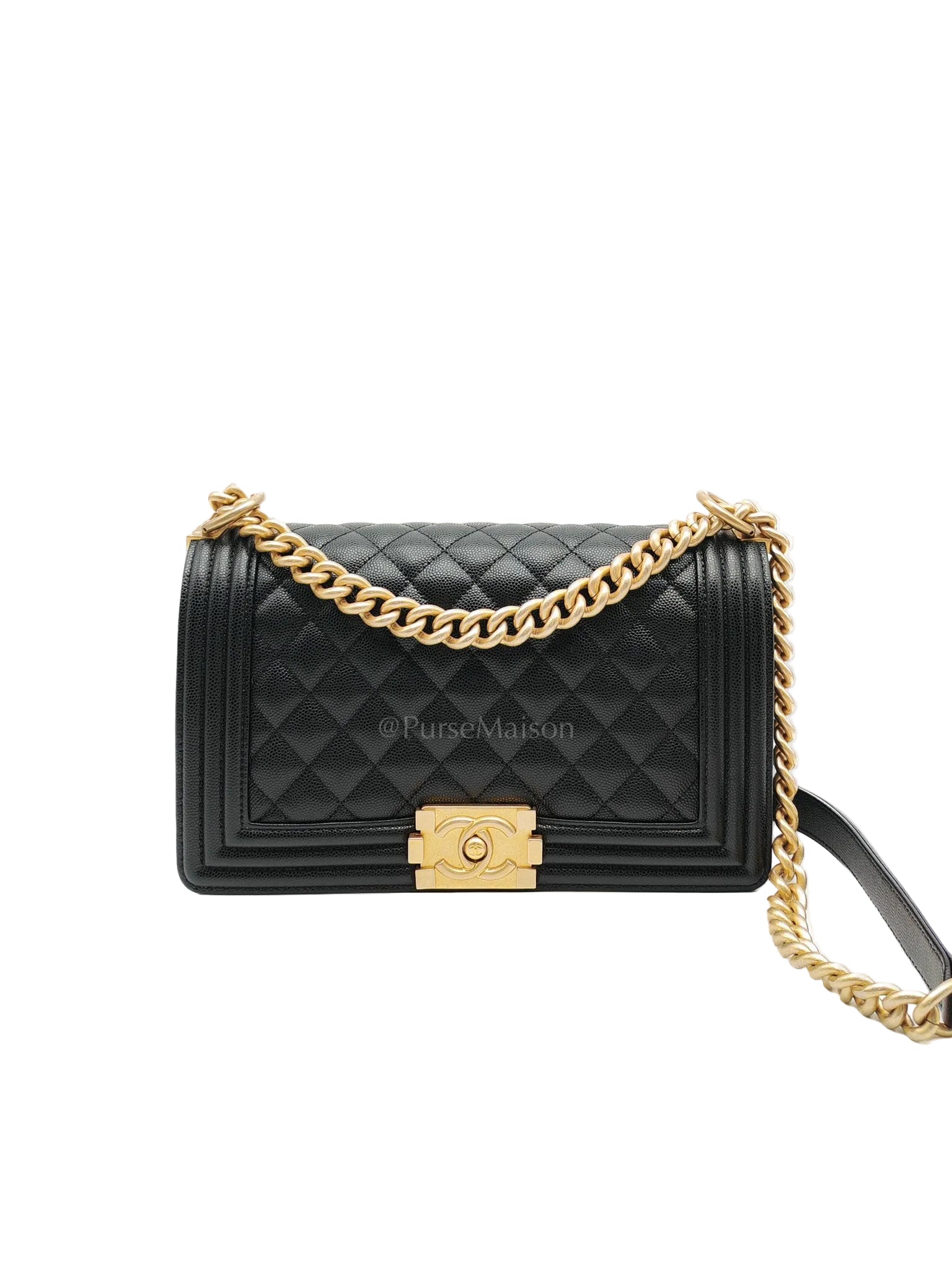Le Boy Old Medium in Black Quilted Caviar Leather & Aged Gold Hardware Microchip | Purse Maison Luxury Bags Shop
