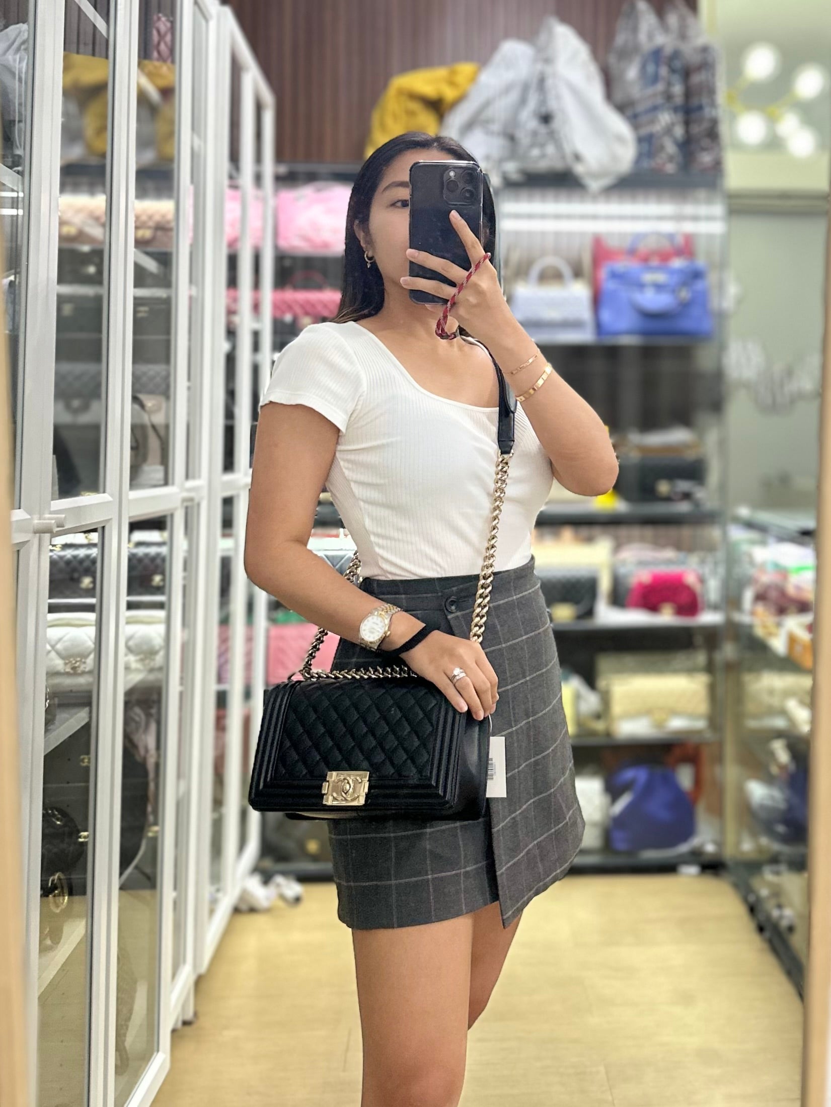 Boy Old Medium Black Quilted Lambskin Leather & Light Gold Hardware Series 22 | Purse Maison Luxury Bags Shop