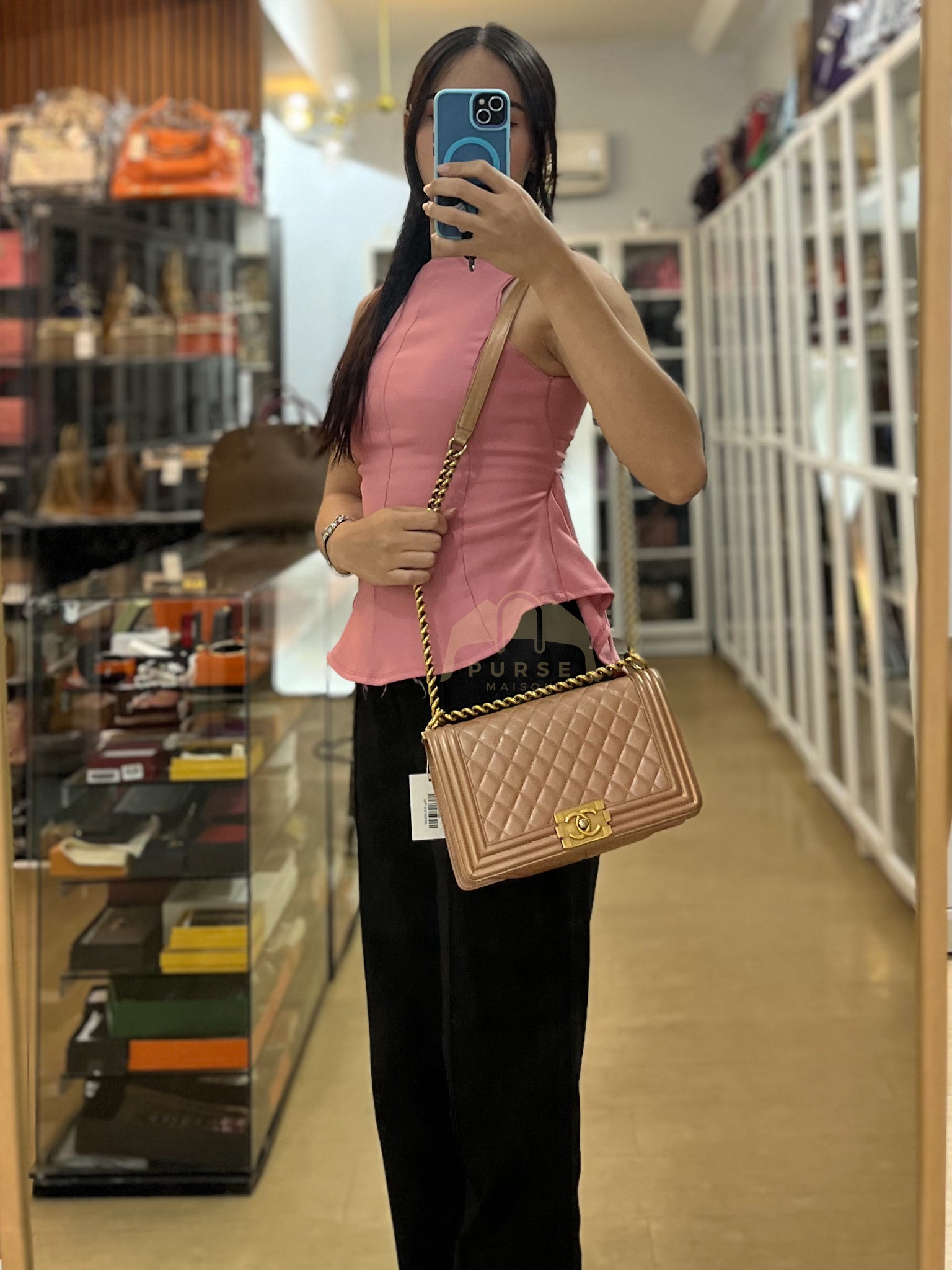 Le Boy Old Medium in Metallic Bronze Quilted Calfskin Leather and Gold Hardware Series 20 | Purse Maison Luxury Bags Shop