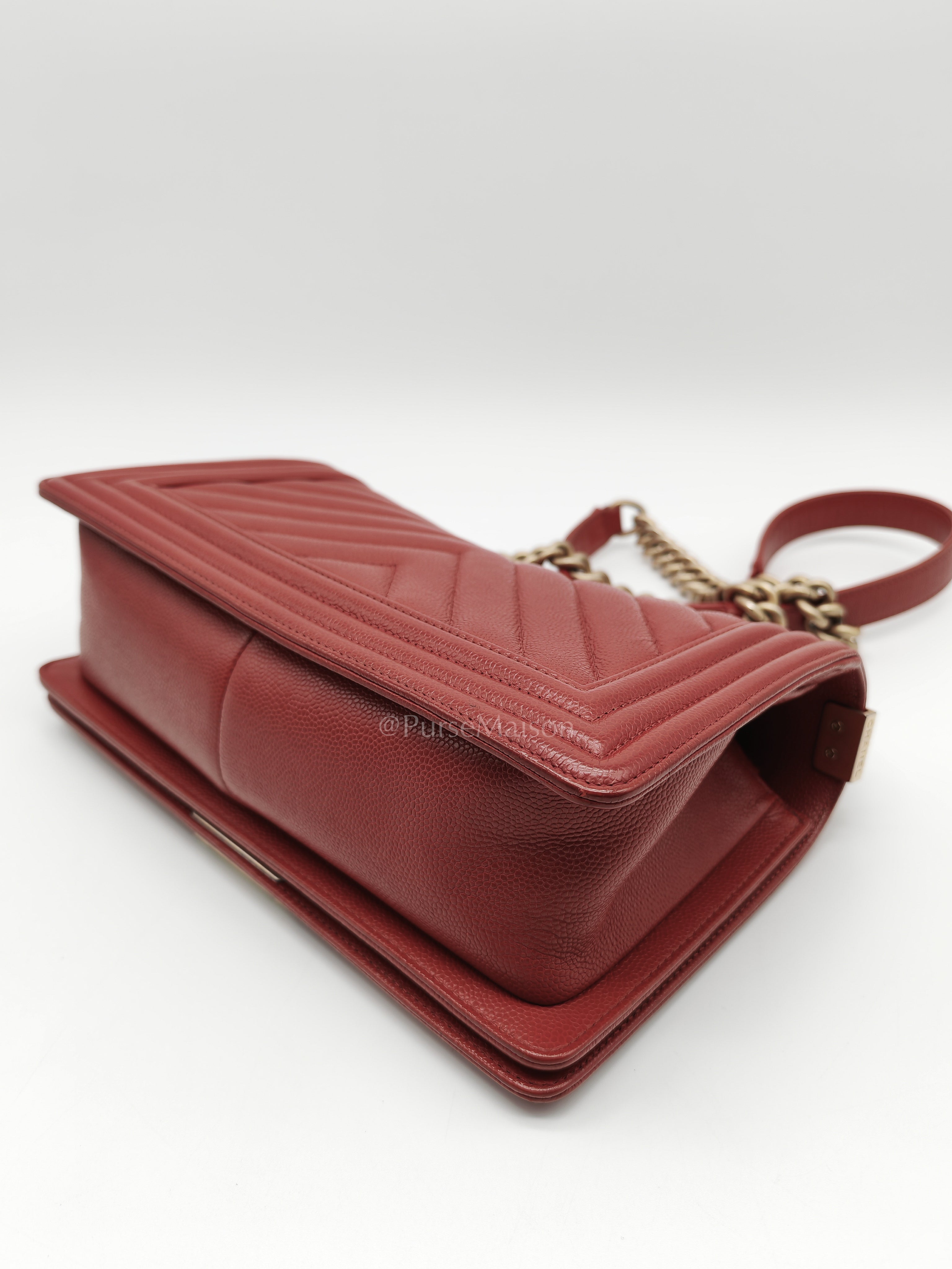 Le Boy Old Medium in Red Chevron Caviar Leather & Aged Gold Hardware Series 25 | Purse Maison Luxury Bags Shop