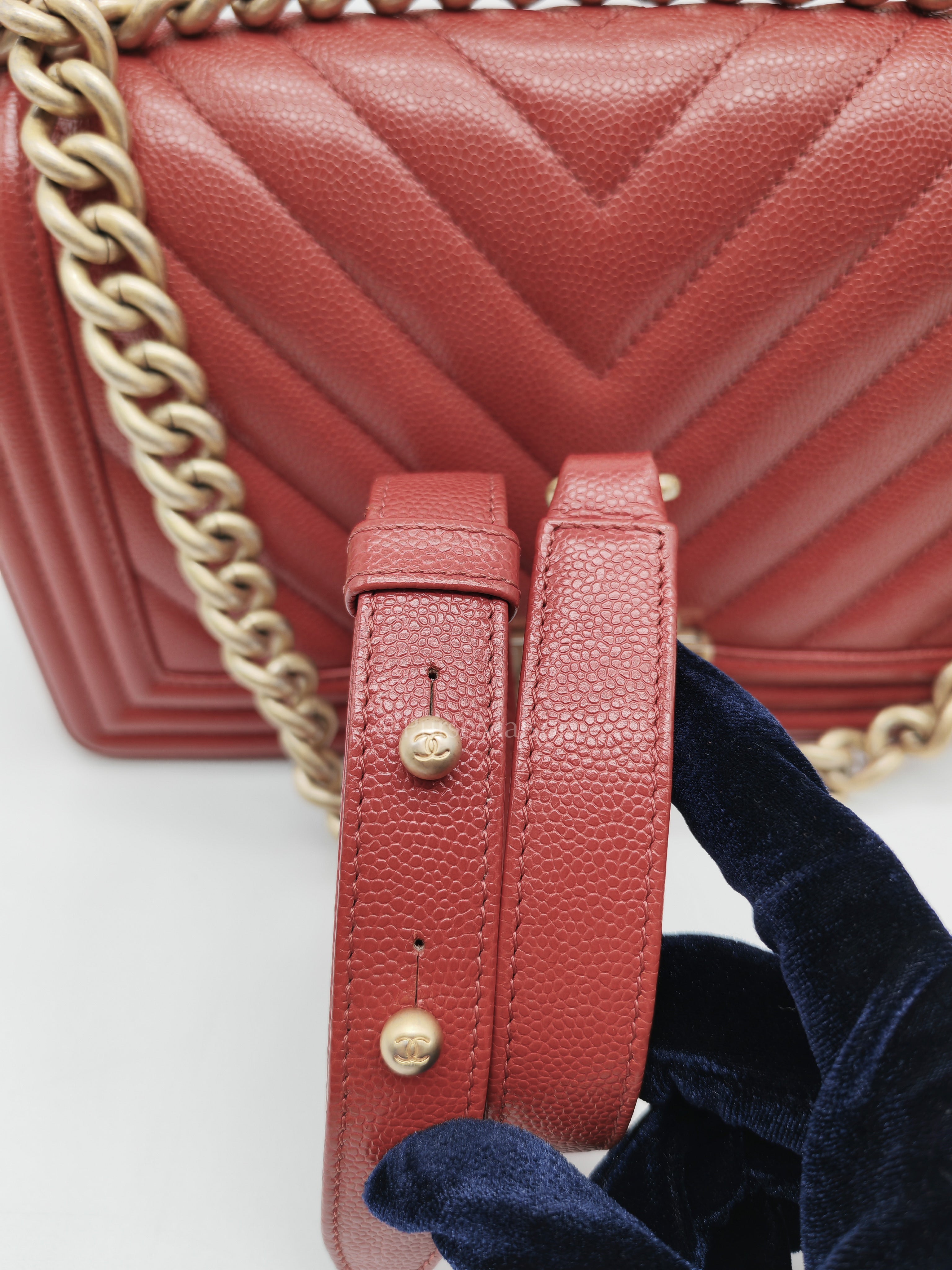 Le Boy Old Medium in Red Chevron Caviar Leather & Aged Gold Hardware Series 25 | Purse Maison Luxury Bags Shop