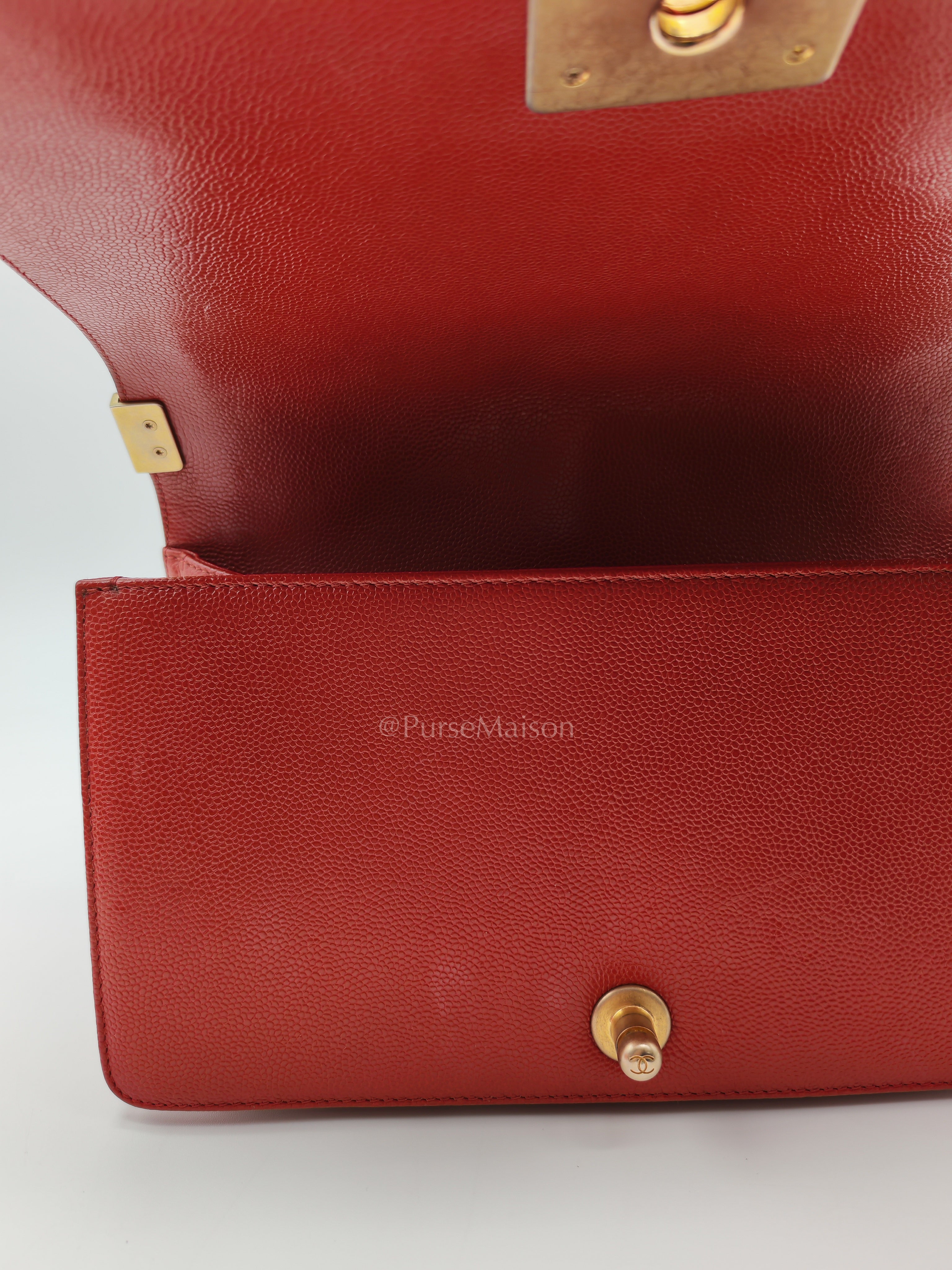 Le Boy Old Medium in Red Chevron Caviar Leather & Aged Gold Hardware Series 25 | Purse Maison Luxury Bags Shop