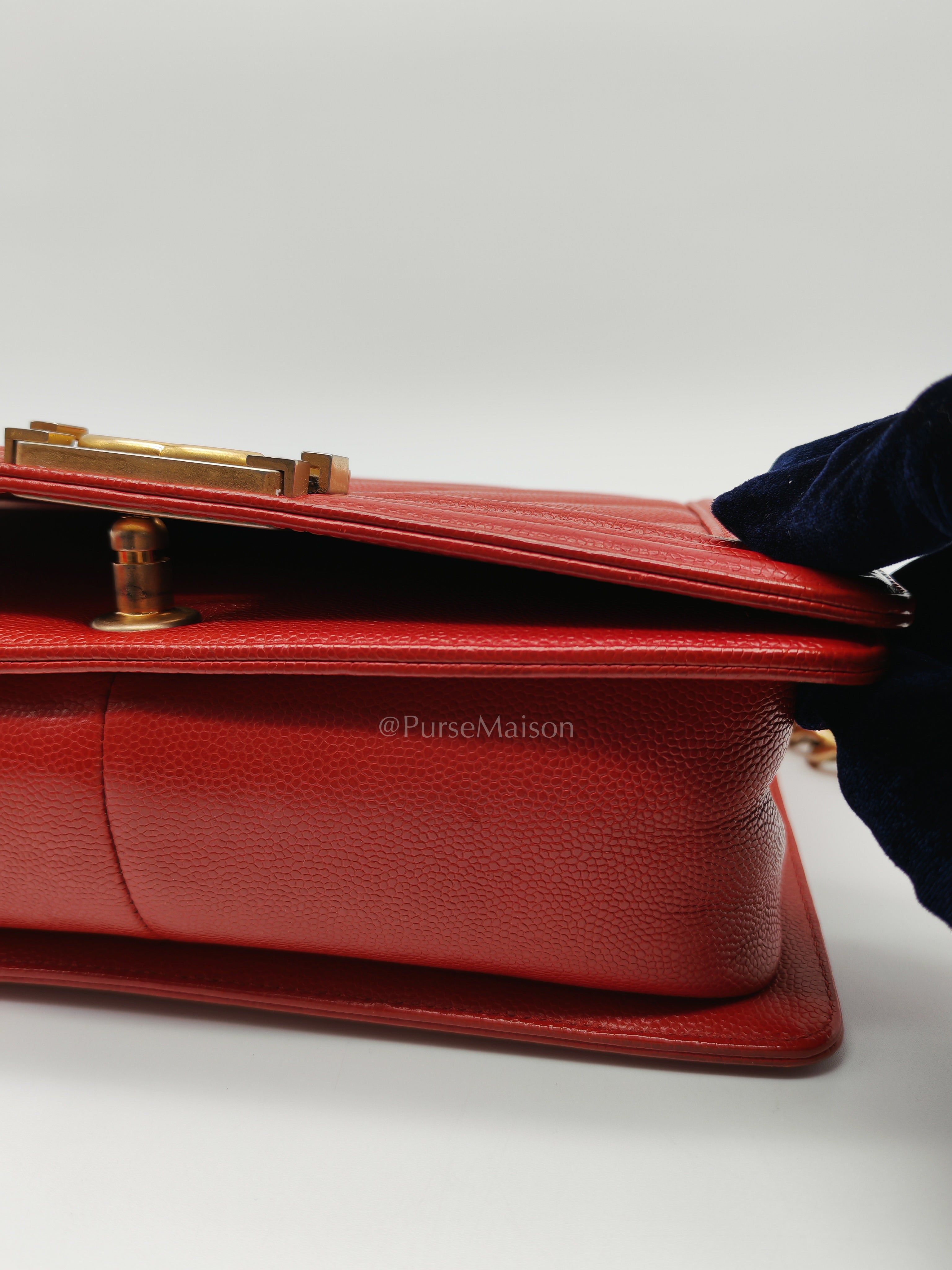 Le Boy Old Medium in Red Chevron Caviar Leather & Aged Gold Hardware Series 25 | Purse Maison Luxury Bags Shop