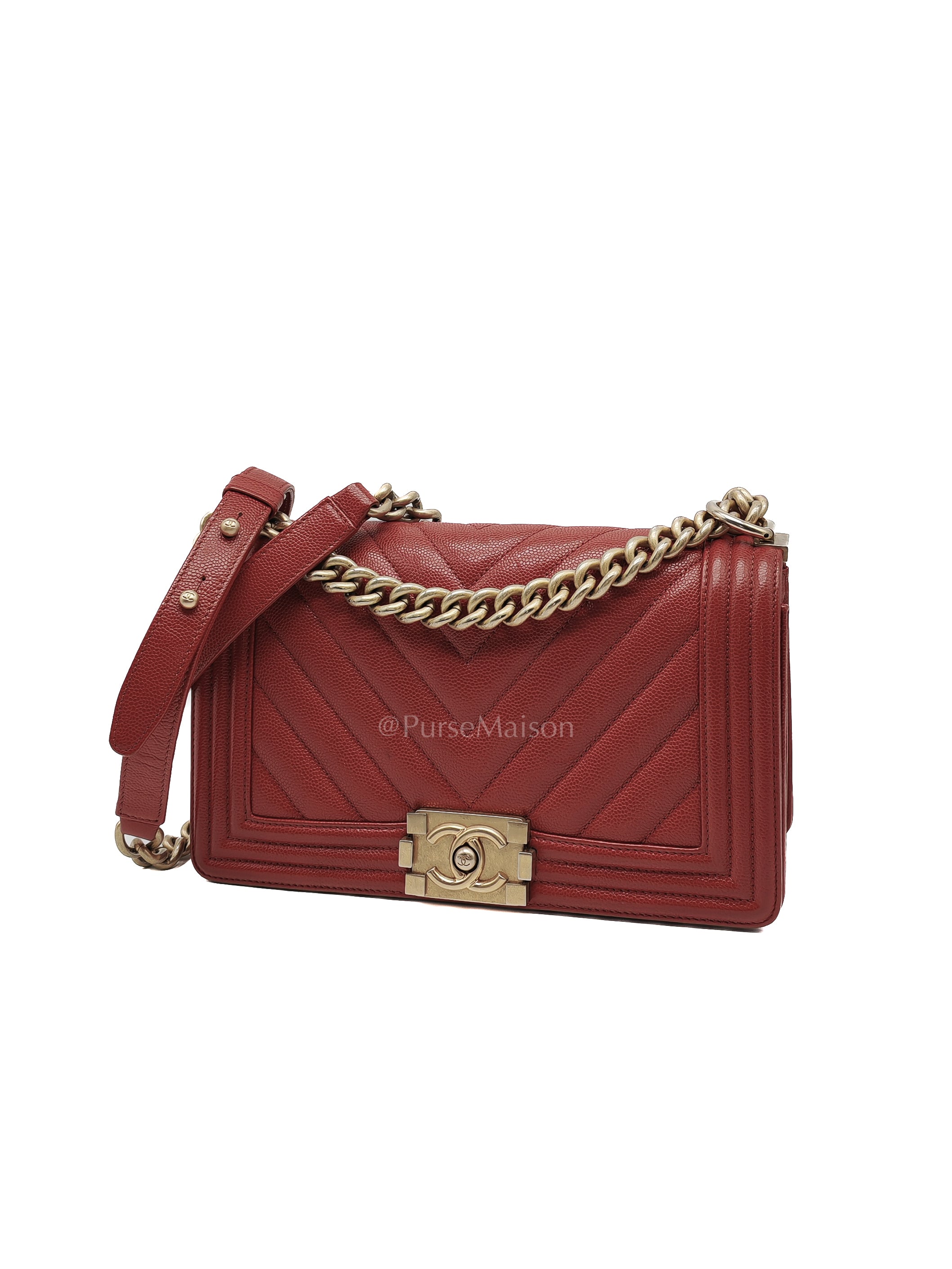 Le Boy Old Medium in Red Chevron Caviar Leather & Aged Gold Hardware Series 25 | Purse Maison Luxury Bags Shop