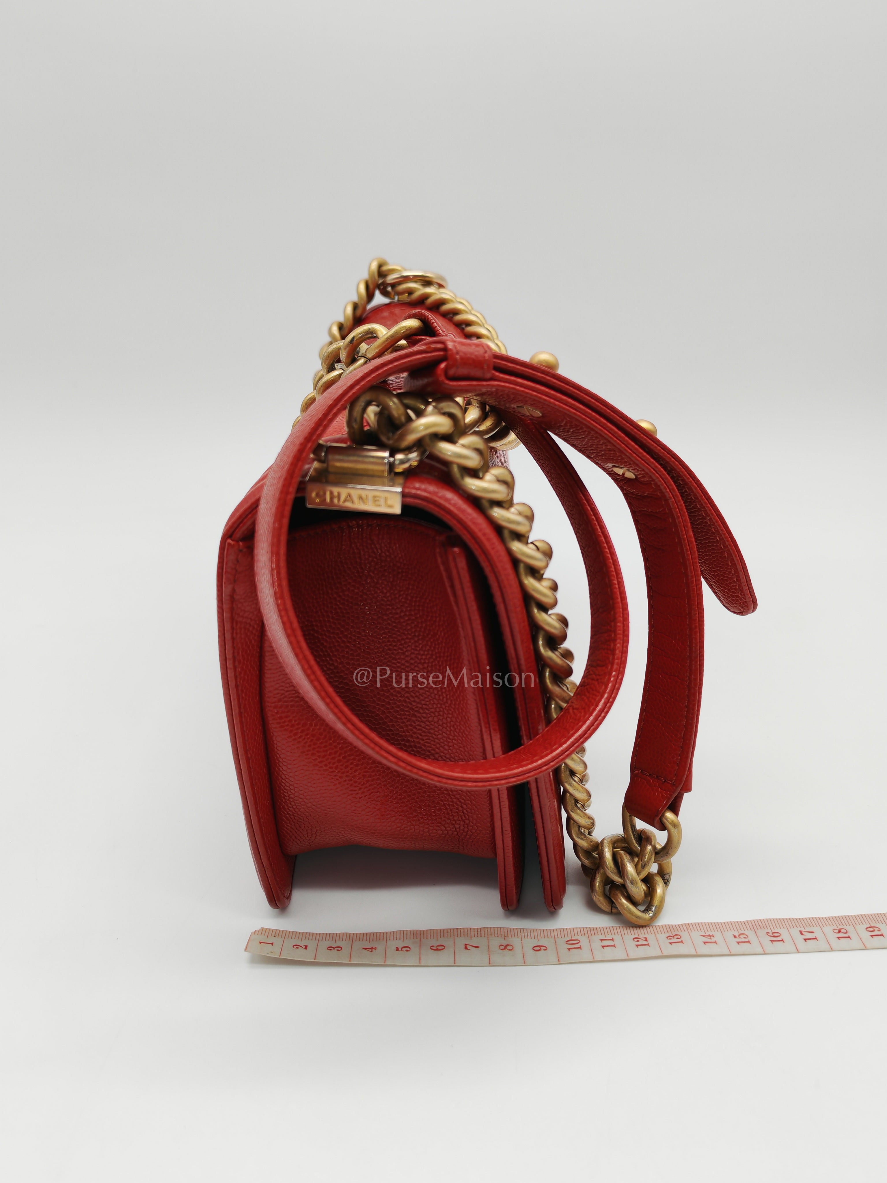 Le Boy Old Medium in Red Chevron Caviar Leather & Aged Gold Hardware Series 25 | Purse Maison Luxury Bags Shop