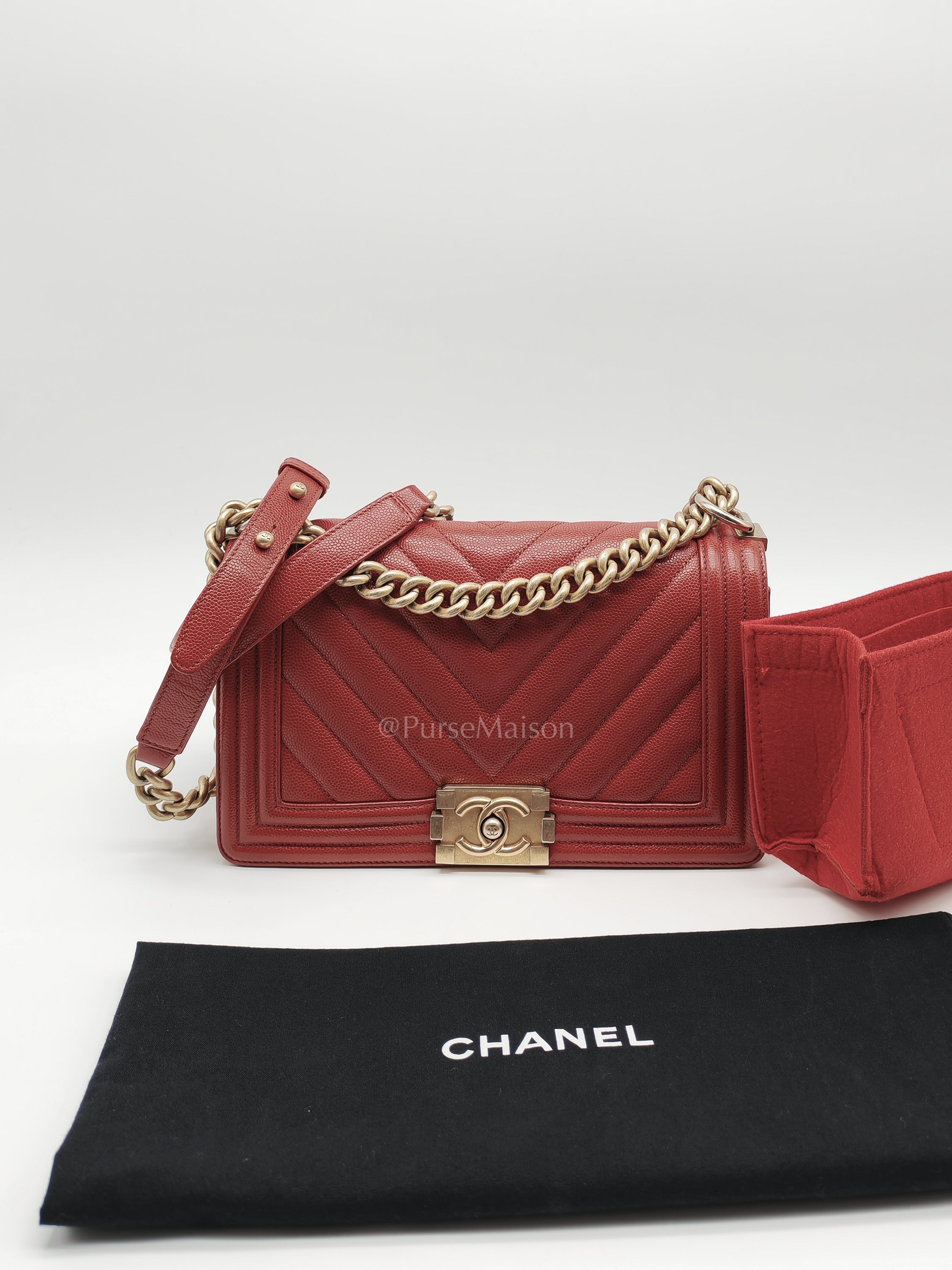 Le Boy Old Medium in Red Chevron Caviar Leather & Aged Gold Hardware Series 25 | Purse Maison Luxury Bags Shop