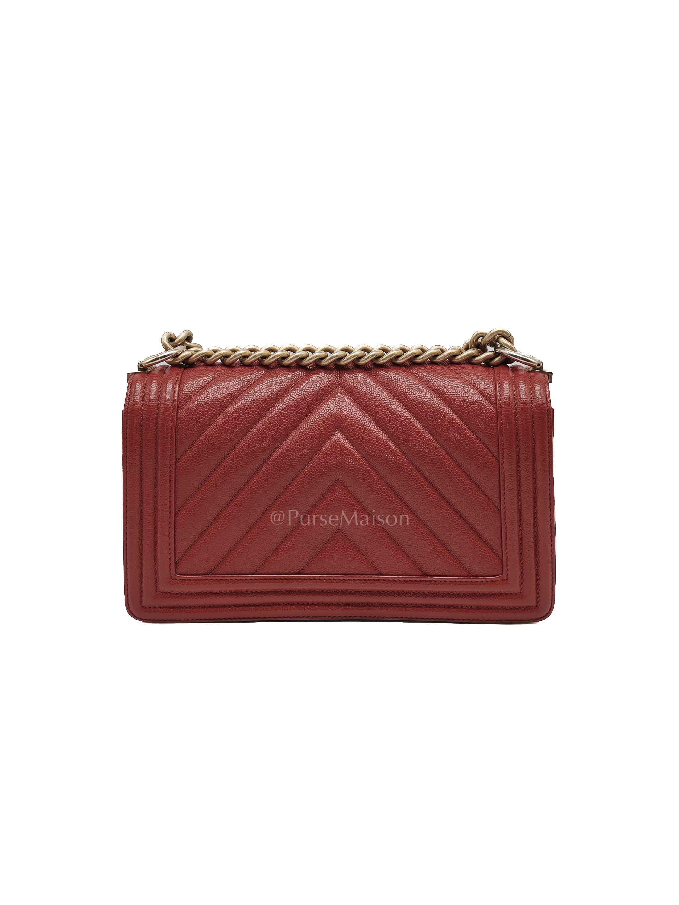Le Boy Old Medium in Red Chevron Caviar Leather & Aged Gold Hardware Series 25 | Purse Maison Luxury Bags Shop