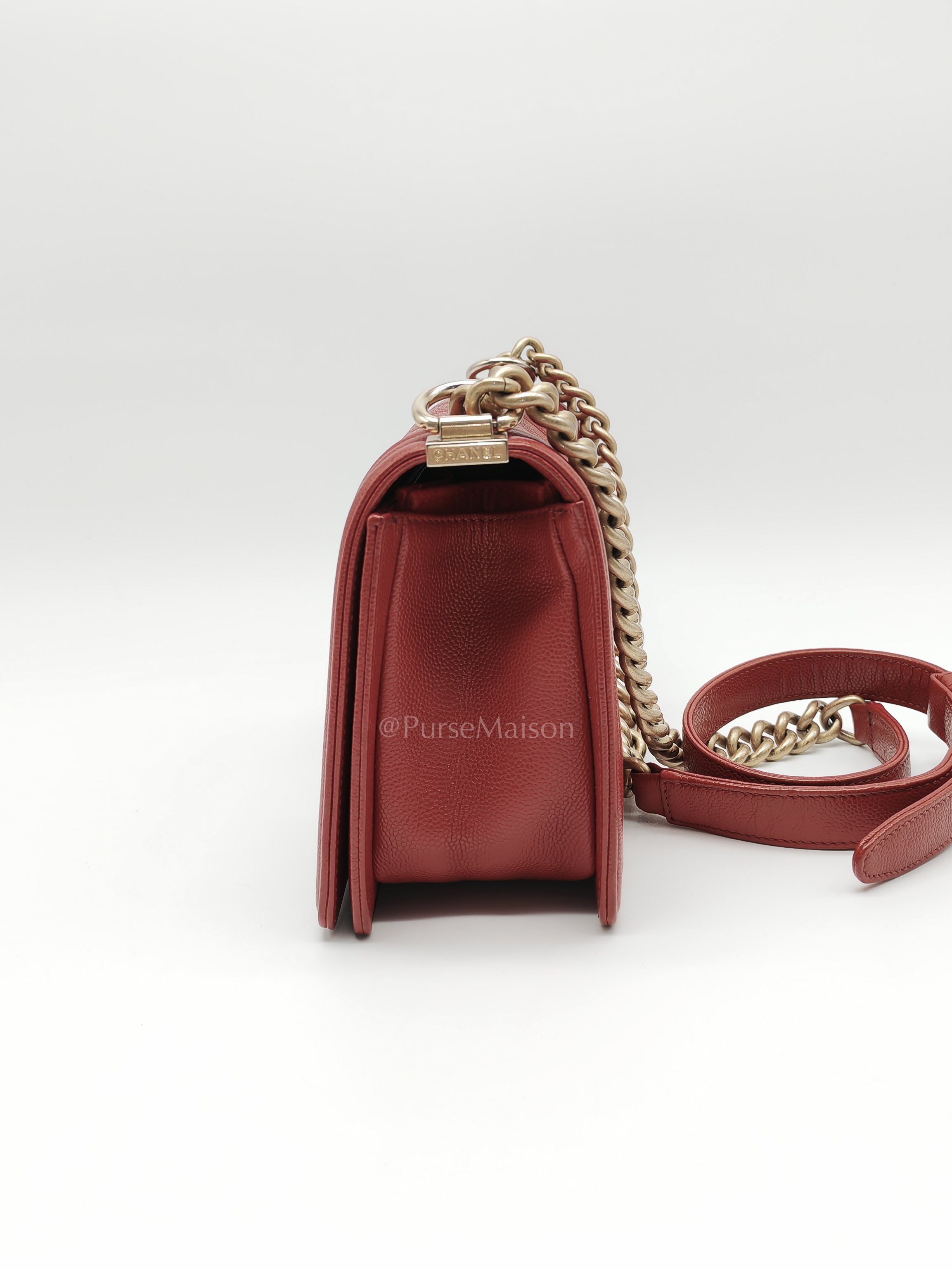 Le Boy Old Medium in Red Chevron Caviar Leather & Aged Gold Hardware Series 25 | Purse Maison Luxury Bags Shop