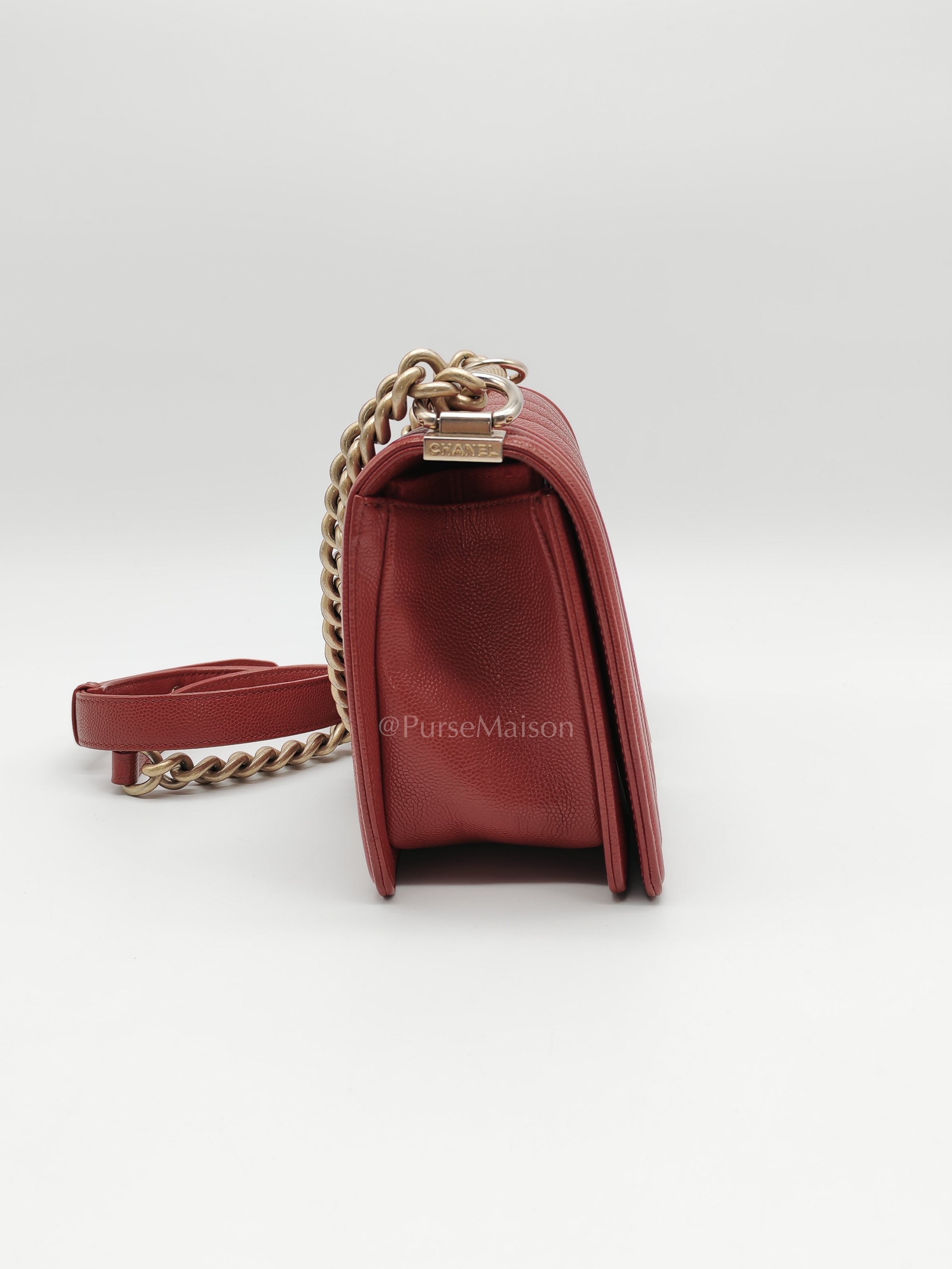 Le Boy Old Medium in Red Chevron Caviar Leather & Aged Gold Hardware Series 25 | Purse Maison Luxury Bags Shop