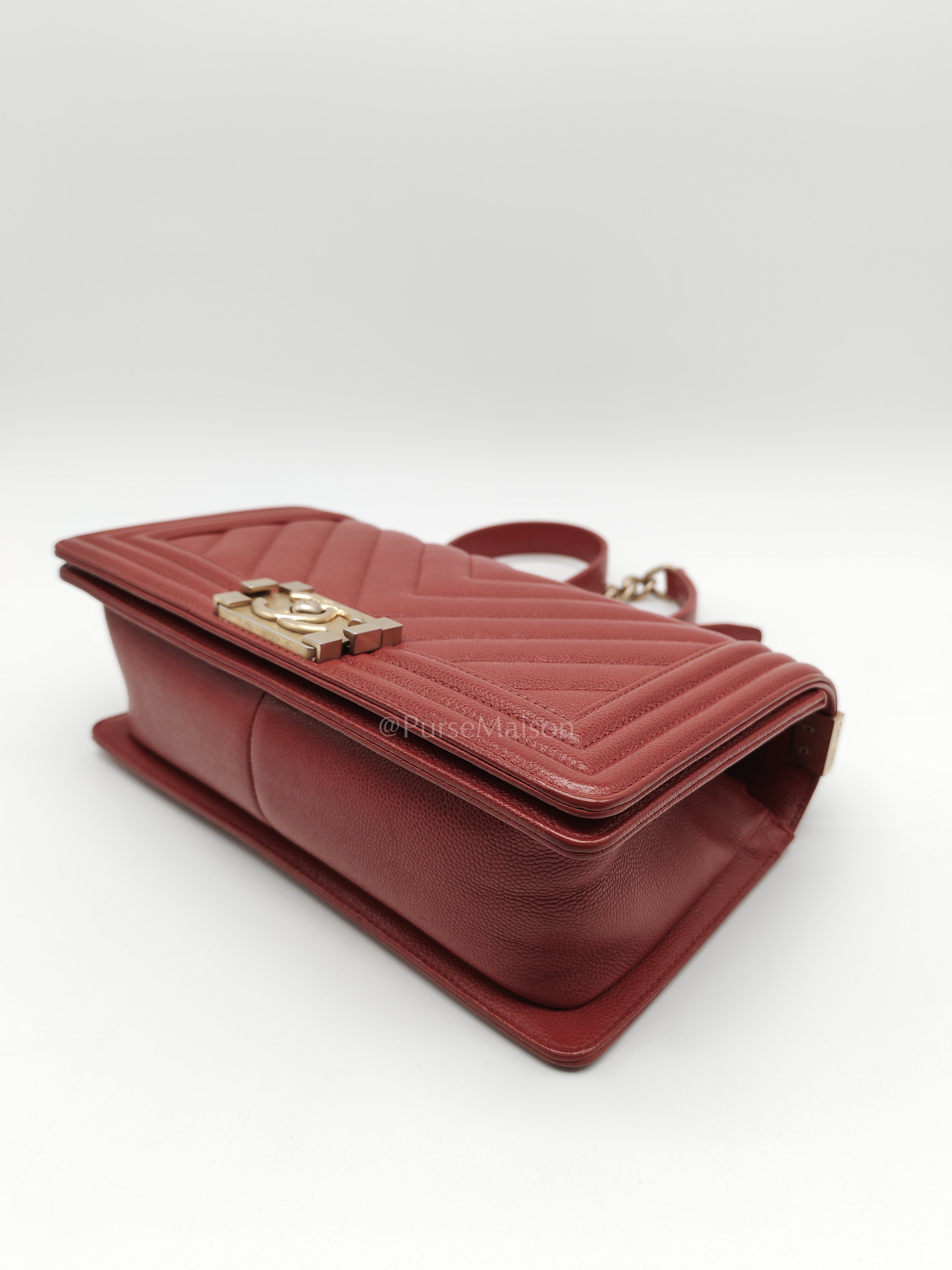 Le Boy Old Medium in Red Chevron Caviar Leather & Aged Gold Hardware Series 25 | Purse Maison Luxury Bags Shop