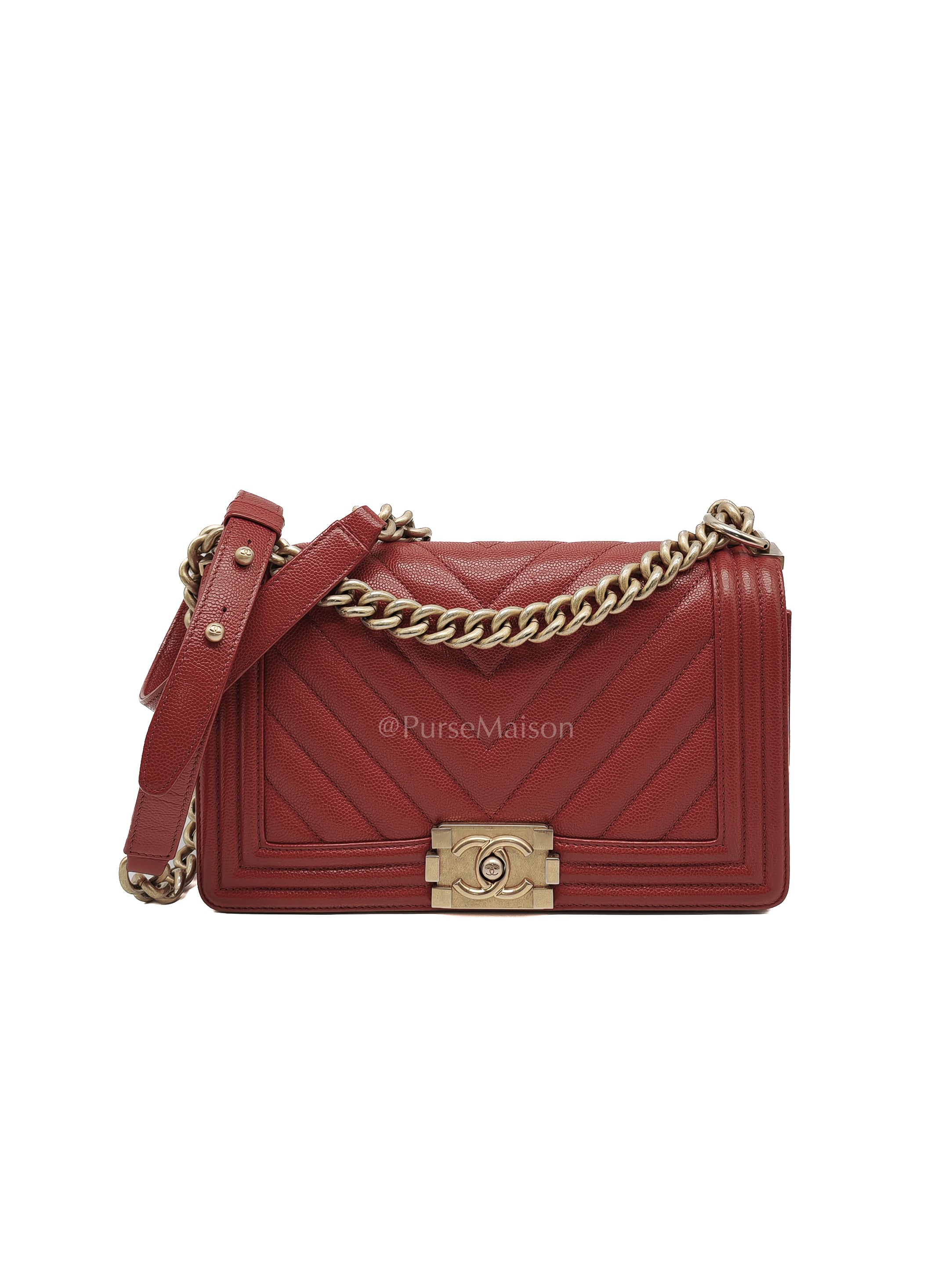 Le Boy Old Medium in Red Chevron Caviar Leather & Aged Gold Hardware Series 25 | Purse Maison Luxury Bags Shop