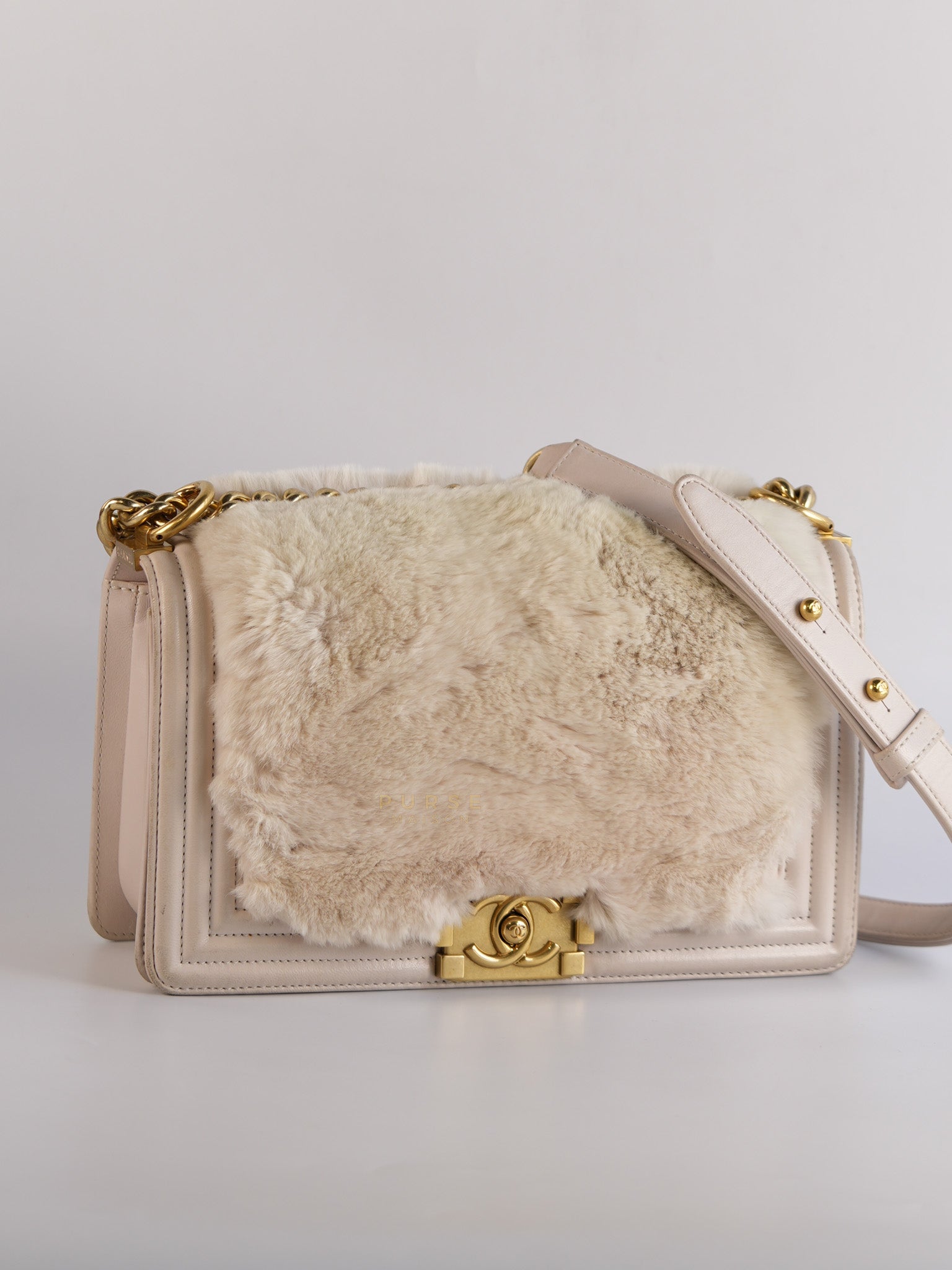 Le Boy One-Of-A-Kind Rabbit Fur White Cream Gold Hardware(Series 23) | Purse Maison Luxury Bags Shop