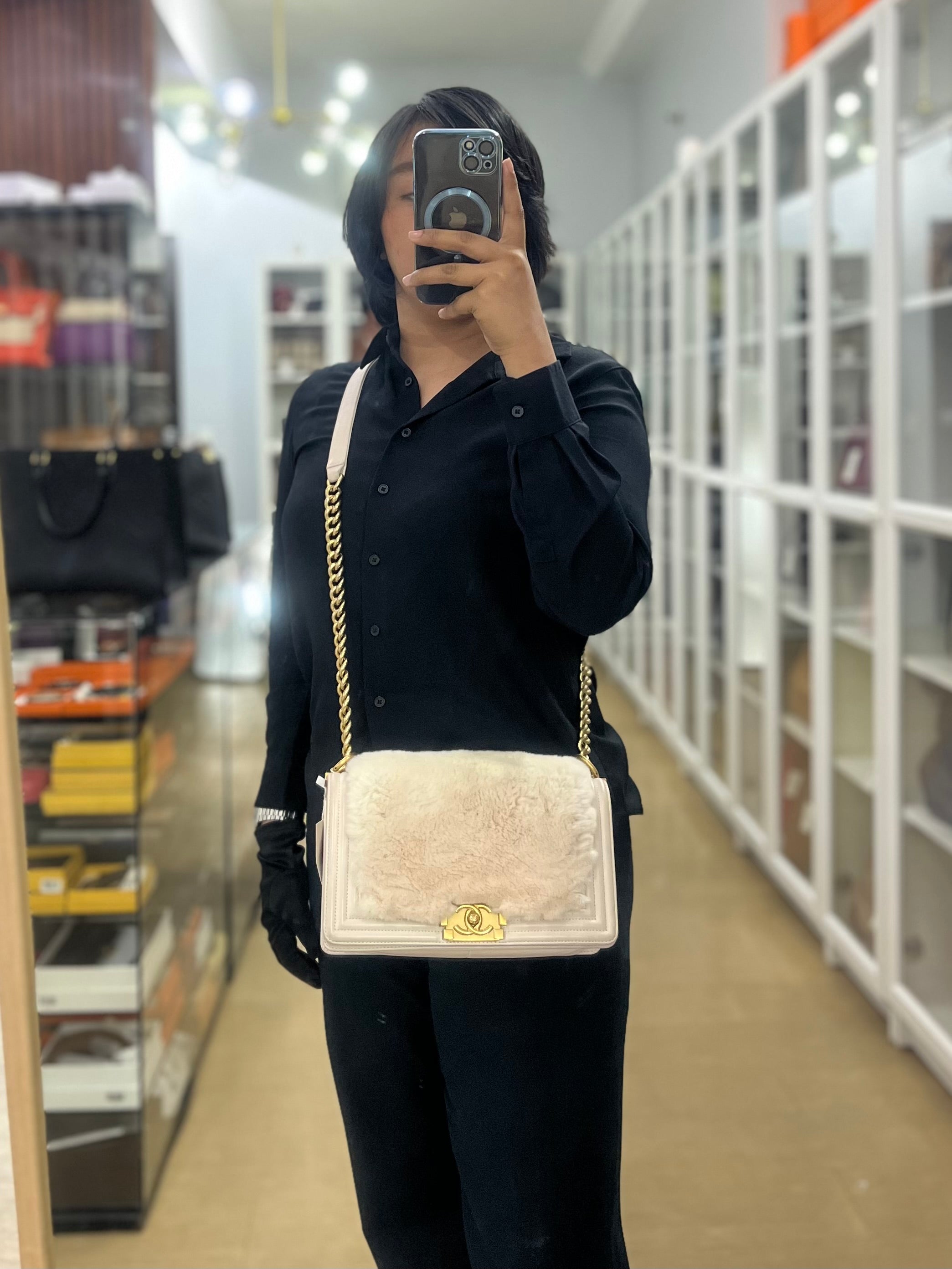 Le Boy One-Of-A-Kind Rabbit Fur Old Medium in White Cream Aged Gold Hardware(Series 23) | Purse Maison Luxury Bags Shop