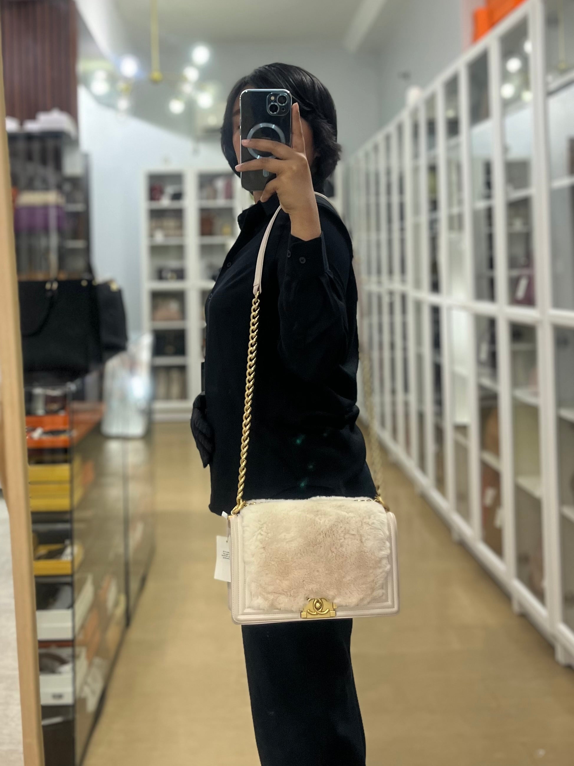 Le Boy One-Of-A-Kind Rabbit Fur Old Medium in White Cream Aged Gold Hardware(Series 23) | Purse Maison Luxury Bags Shop