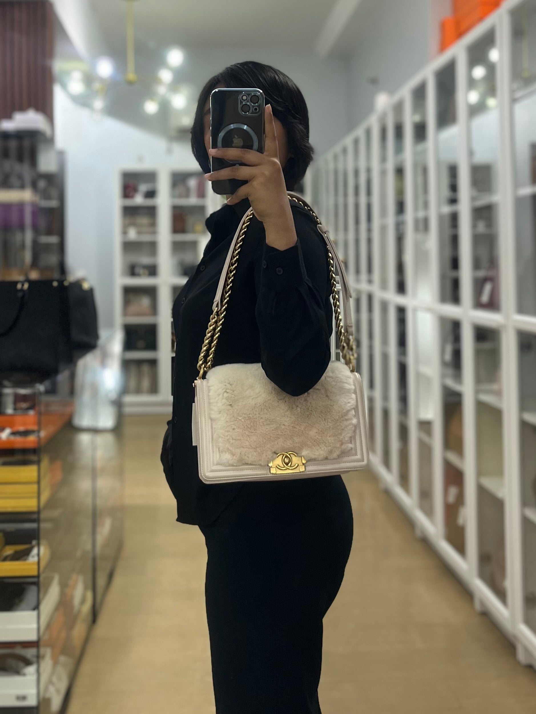 Le Boy One-Of-A-Kind Rabbit Fur Old Medium in White Cream Aged Gold Hardware(Series 23) | Purse Maison Luxury Bags Shop
