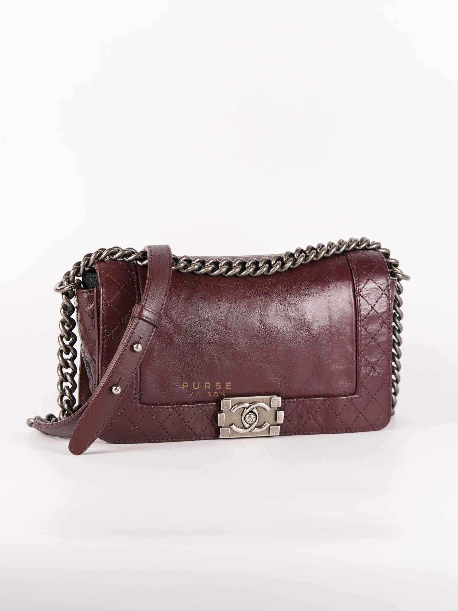 Le Boy Reverso Old Medium in Burgundy Calfskin Leather & Ruthenium Hardware (Series 18) | Purse Maison Luxury Bags Shop