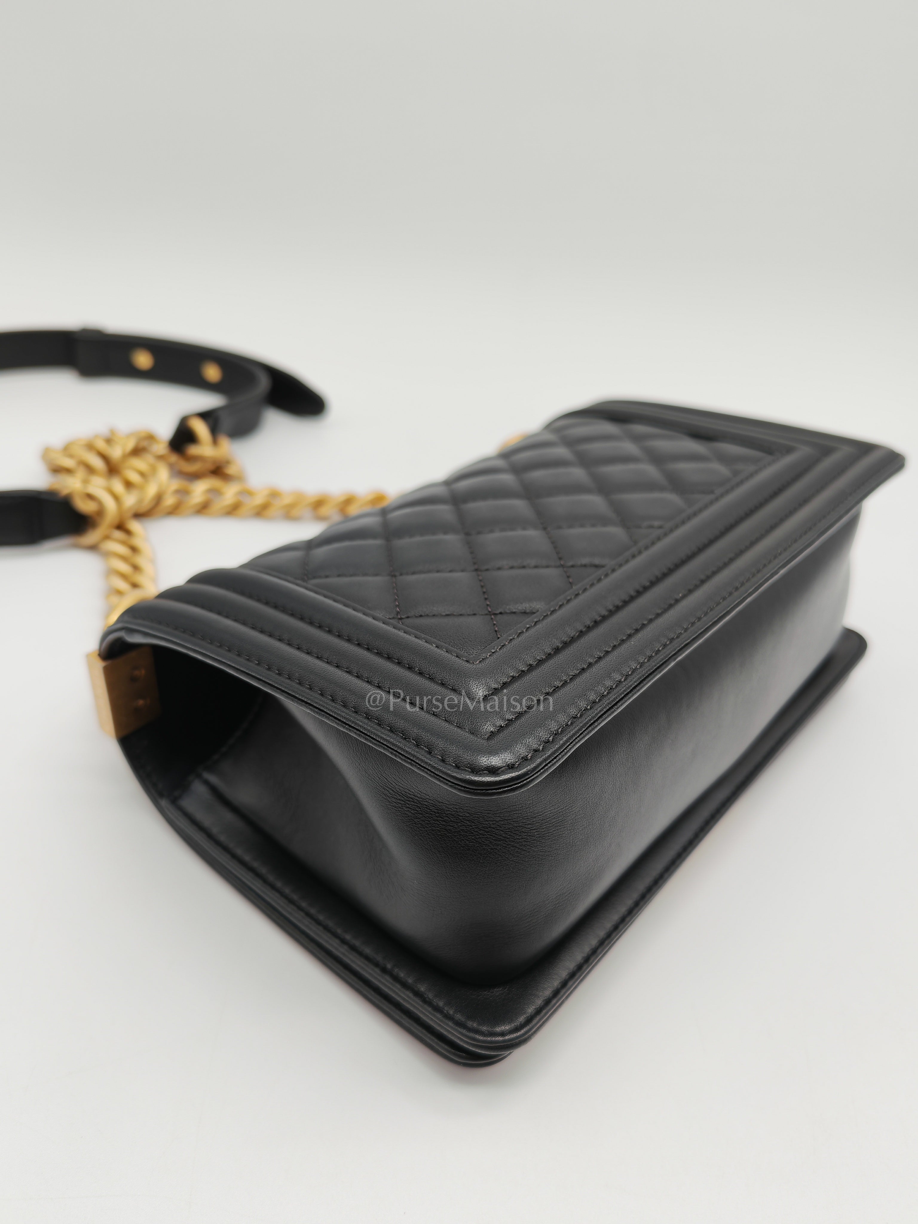 Le Boy Small Black Calfskin Leather in Aged Gold Hardware (Series 28) | Purse Maison Luxury Bags Shop