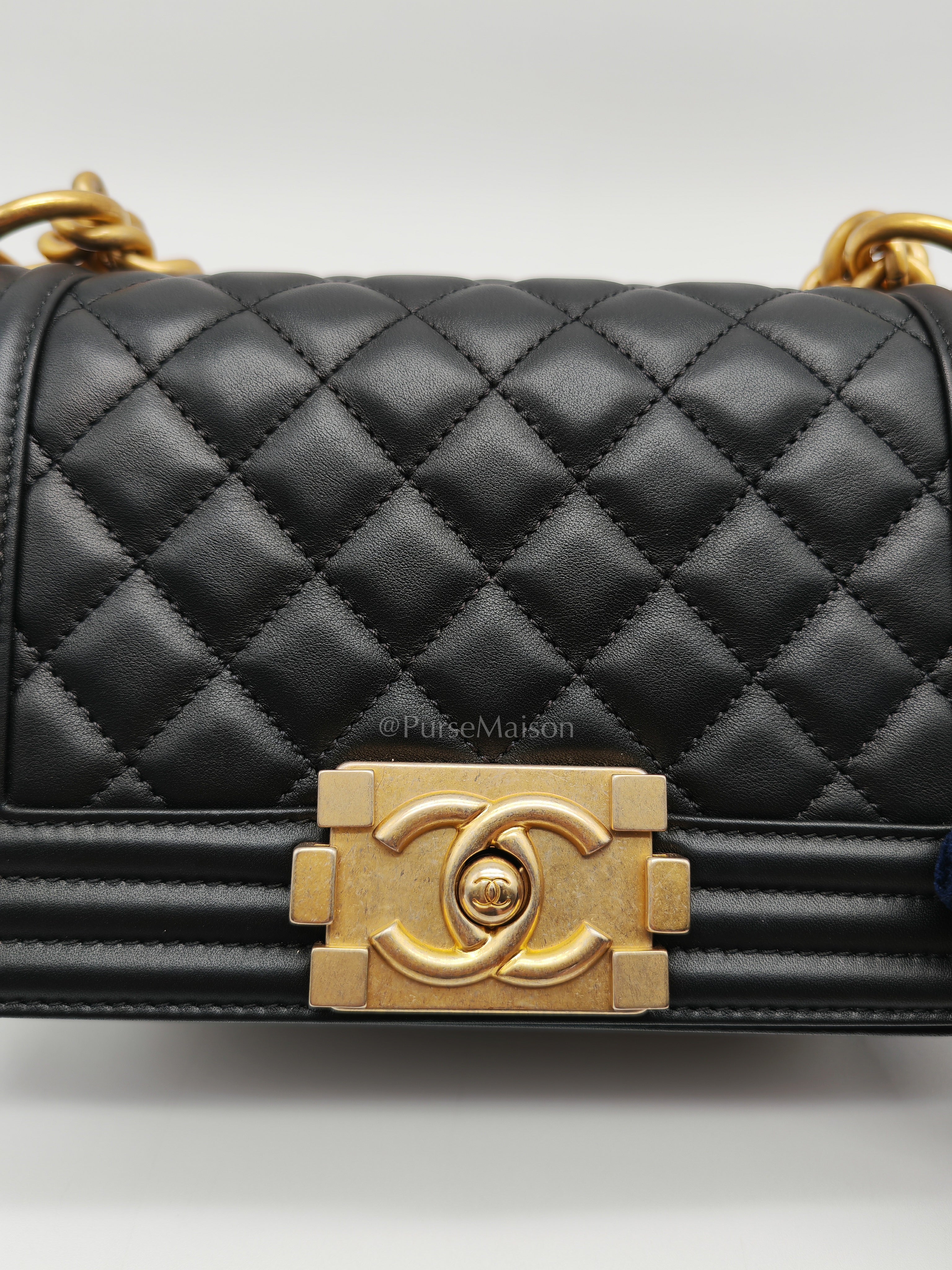 Le Boy Small Black Calfskin Leather in Aged Gold Hardware (Series 28) | Purse Maison Luxury Bags Shop
