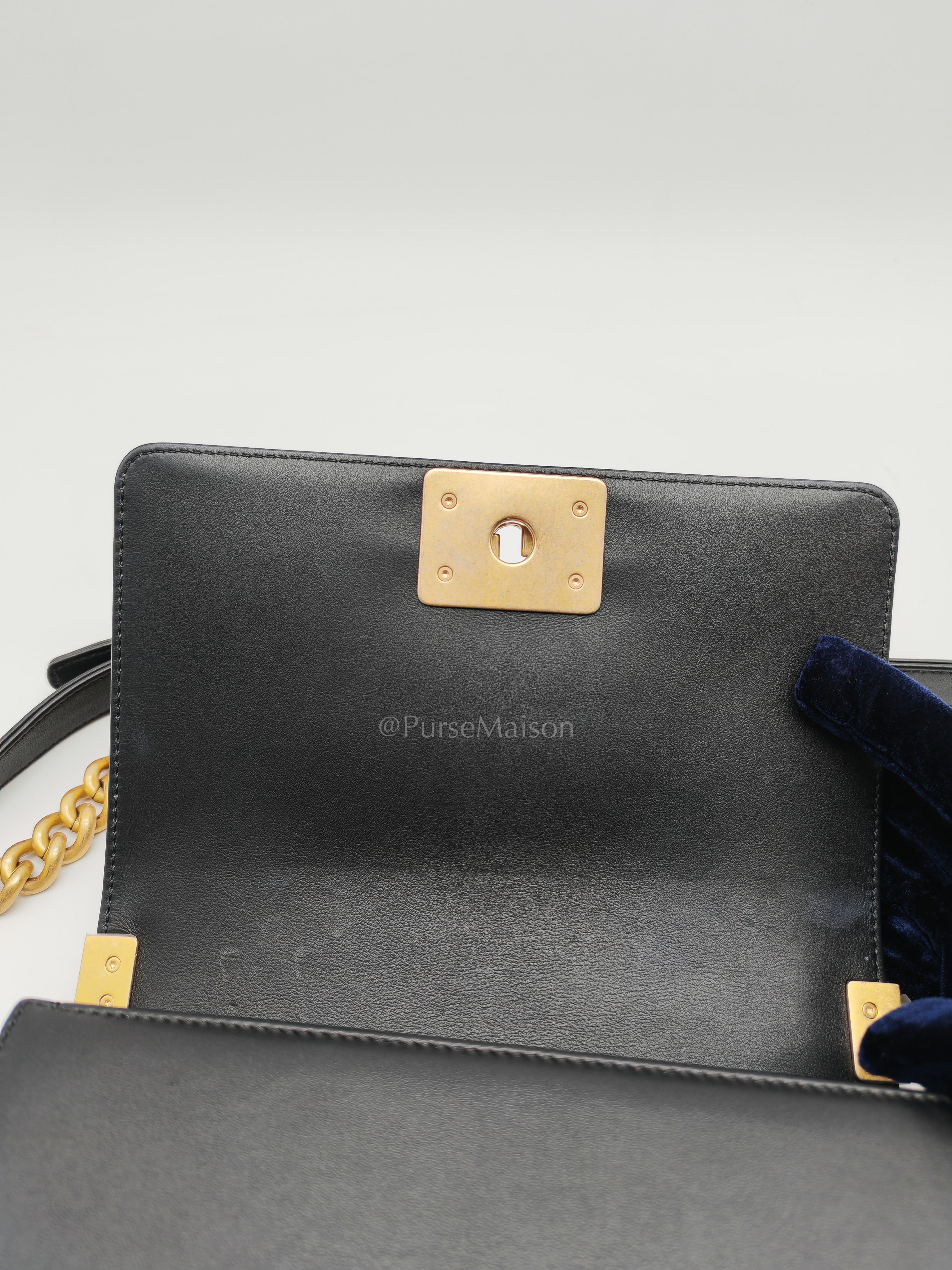 Le Boy Small Black Calfskin Leather in Aged Gold Hardware (Series 28) | Purse Maison Luxury Bags Shop