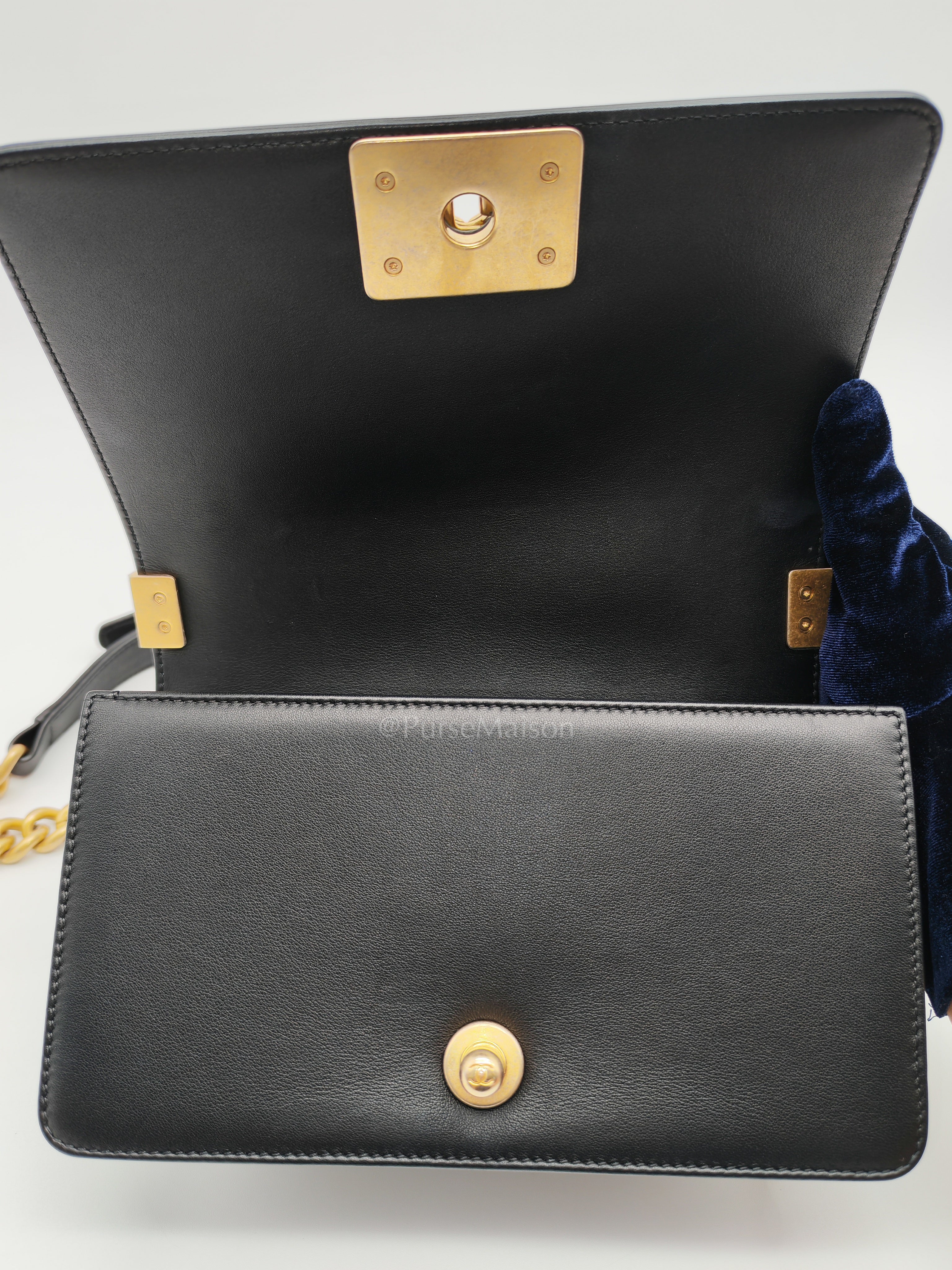 Le Boy Small Black Calfskin Leather in Aged Gold Hardware (Series 28) | Purse Maison Luxury Bags Shop