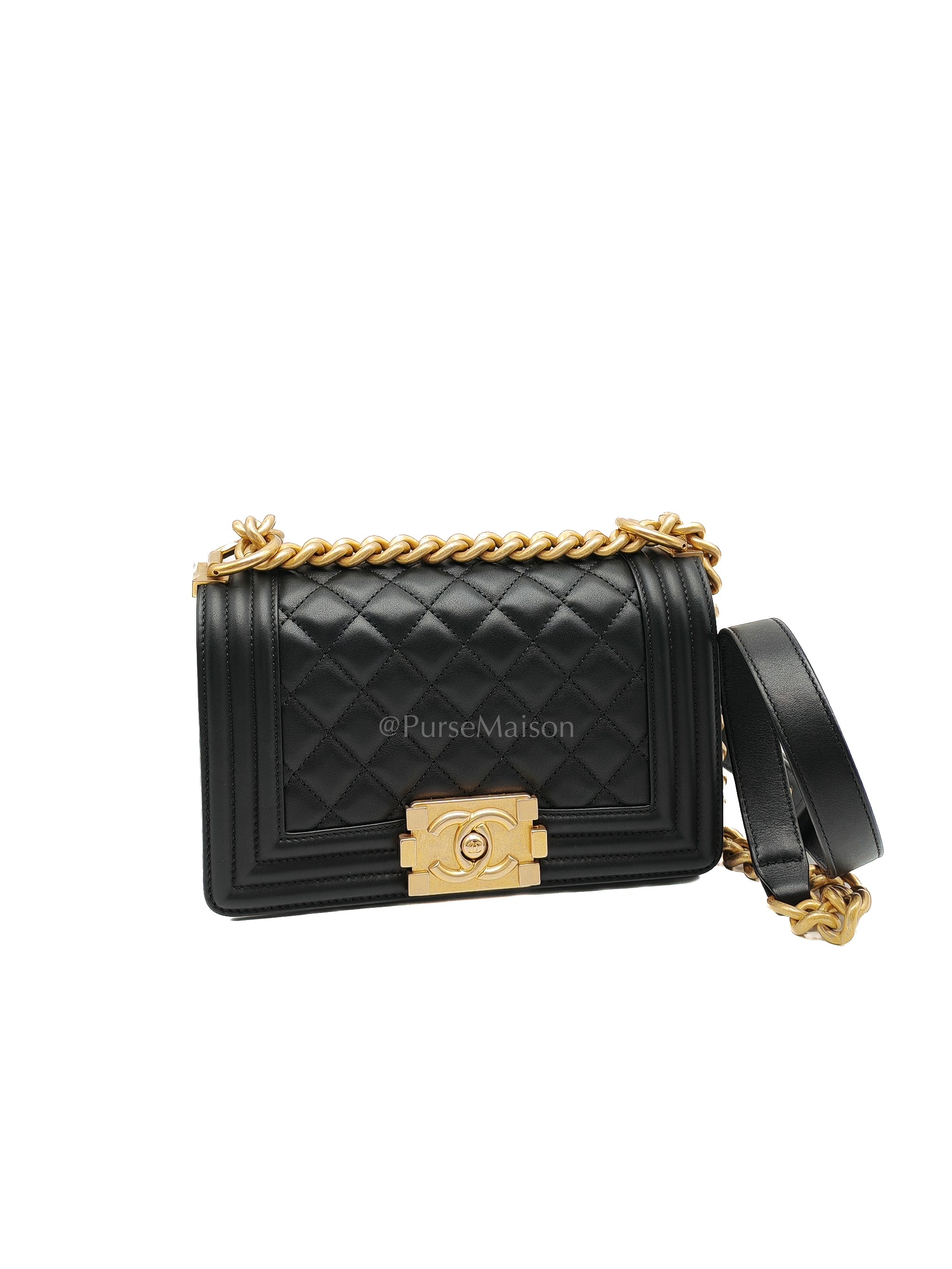 Le Boy Small Black Calfskin Leather in Aged Gold Hardware (Series 28) | Purse Maison Luxury Bags Shop