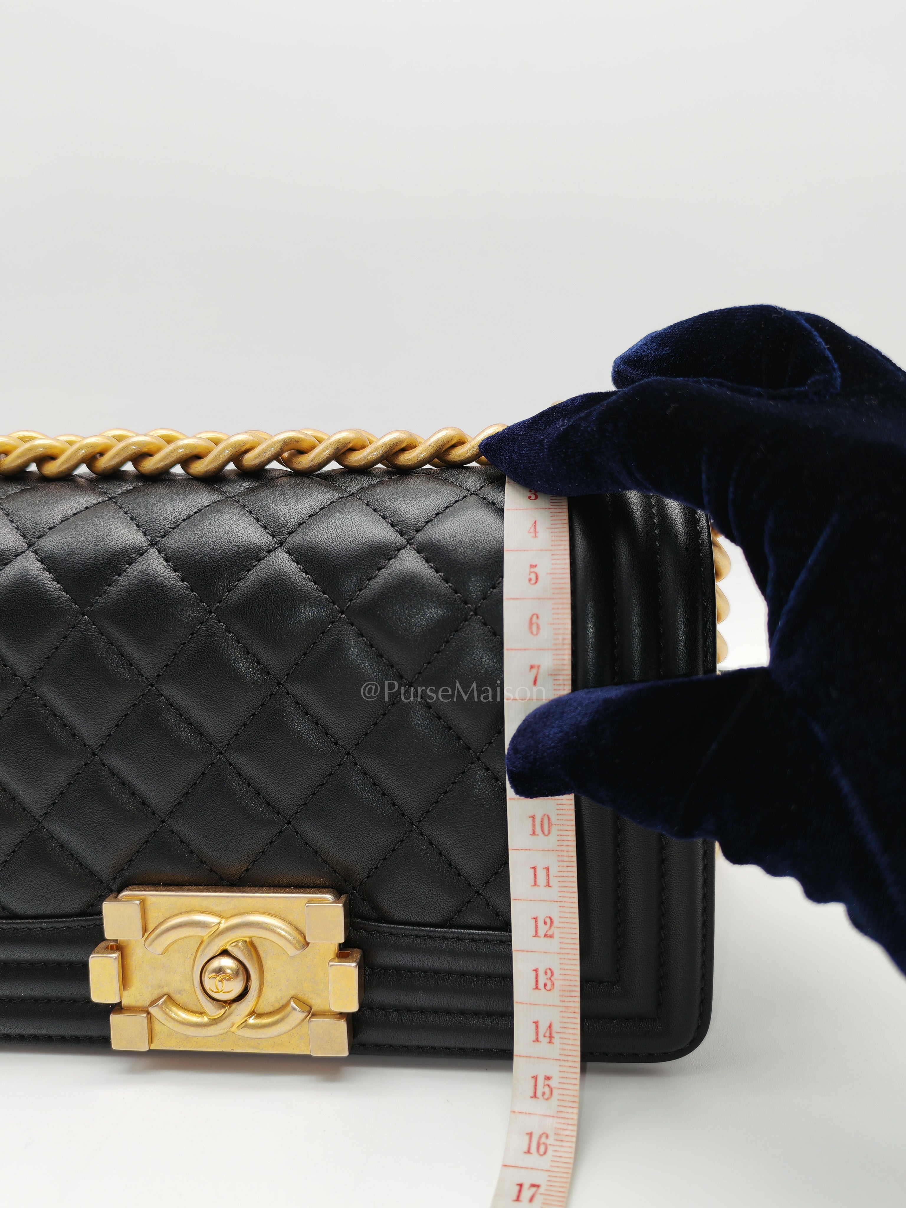 Le Boy Small Black Calfskin Leather in Aged Gold Hardware (Series 28) | Purse Maison Luxury Bags Shop