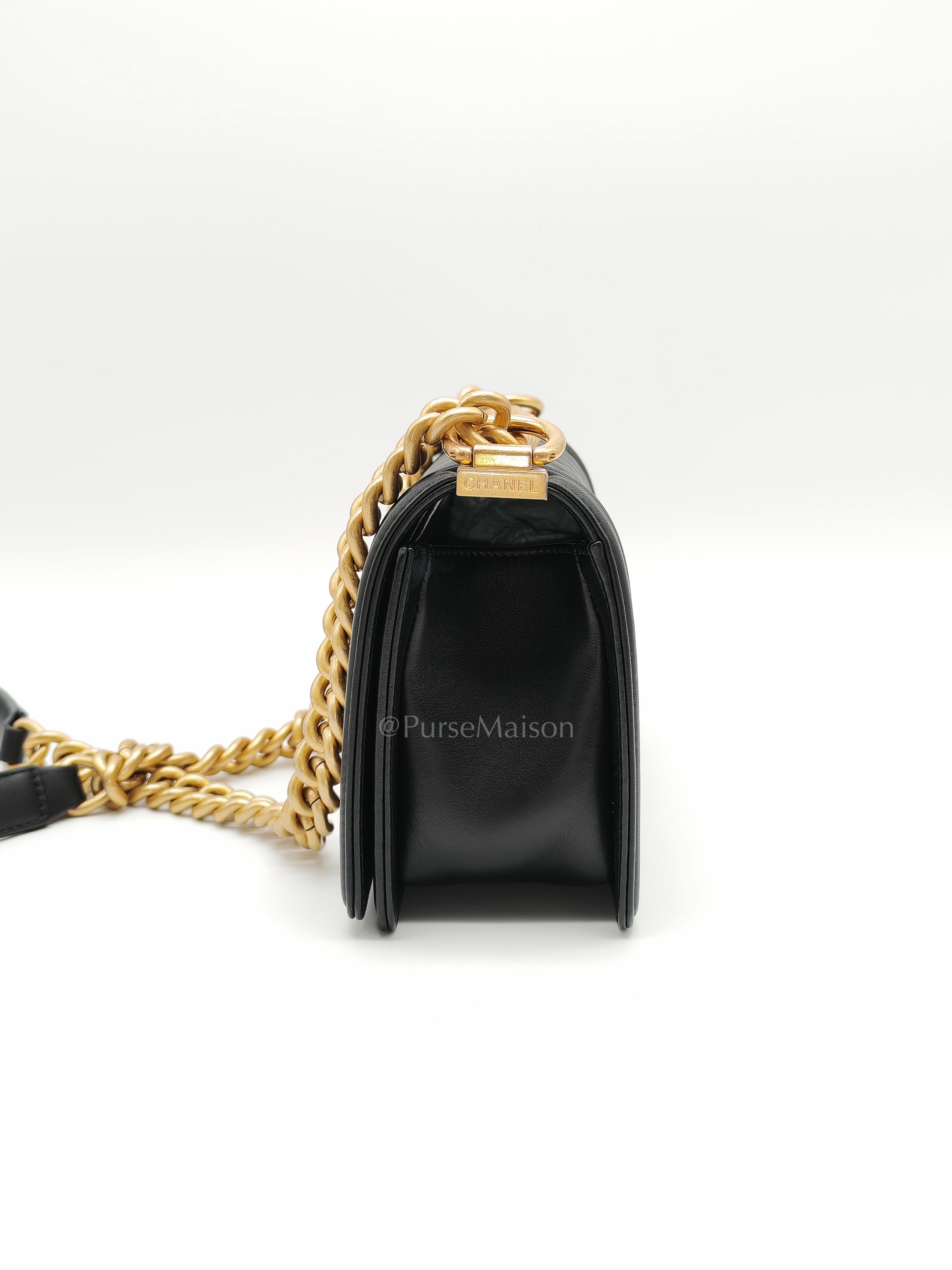 Le Boy Small Black Calfskin Leather in Aged Gold Hardware (Series 28) | Purse Maison Luxury Bags Shop
