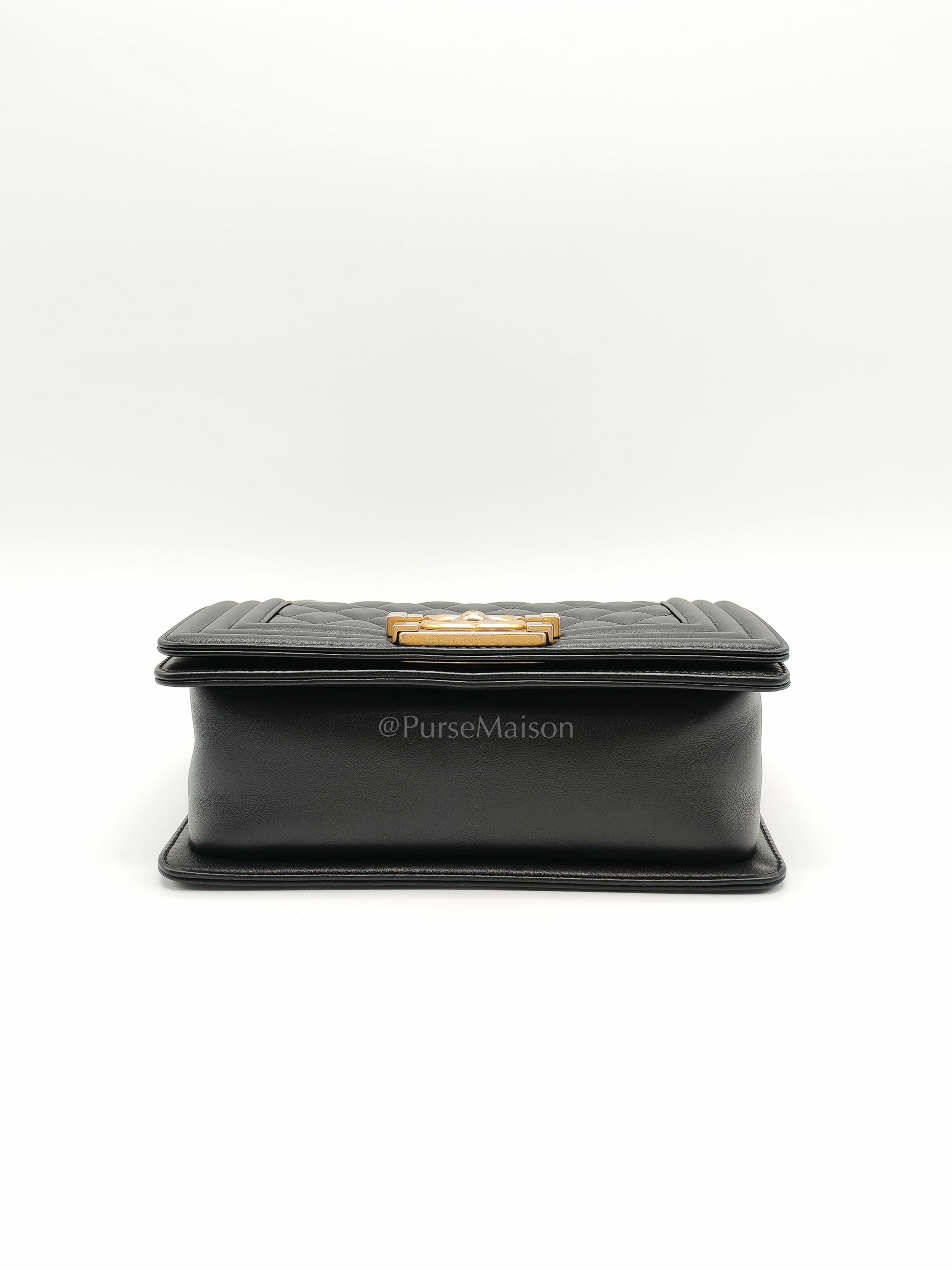 Le Boy Small Black Calfskin Leather in Aged Gold Hardware (Series 28) | Purse Maison Luxury Bags Shop