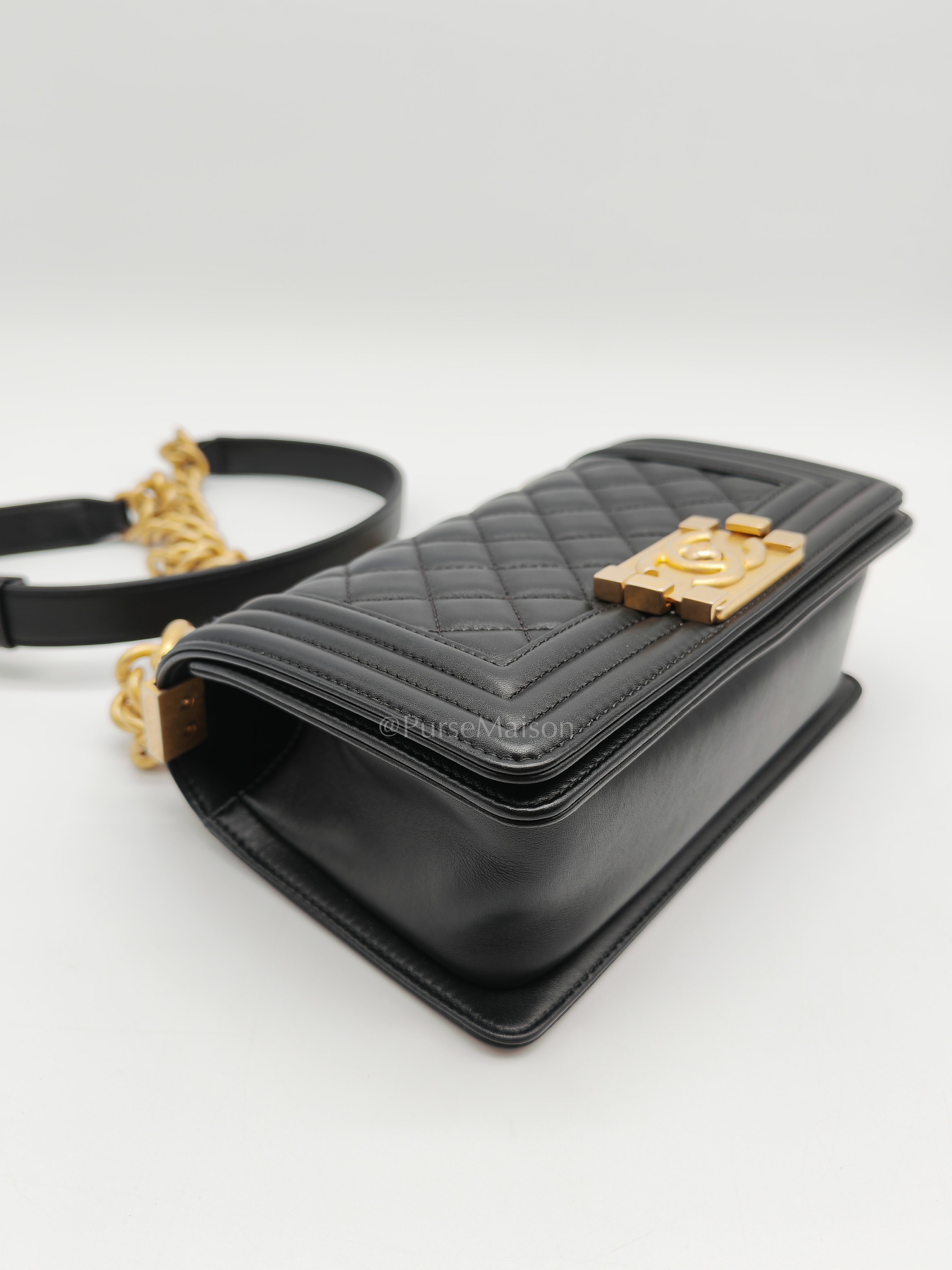 Le Boy Small Black Calfskin Leather in Aged Gold Hardware (Series 28) | Purse Maison Luxury Bags Shop