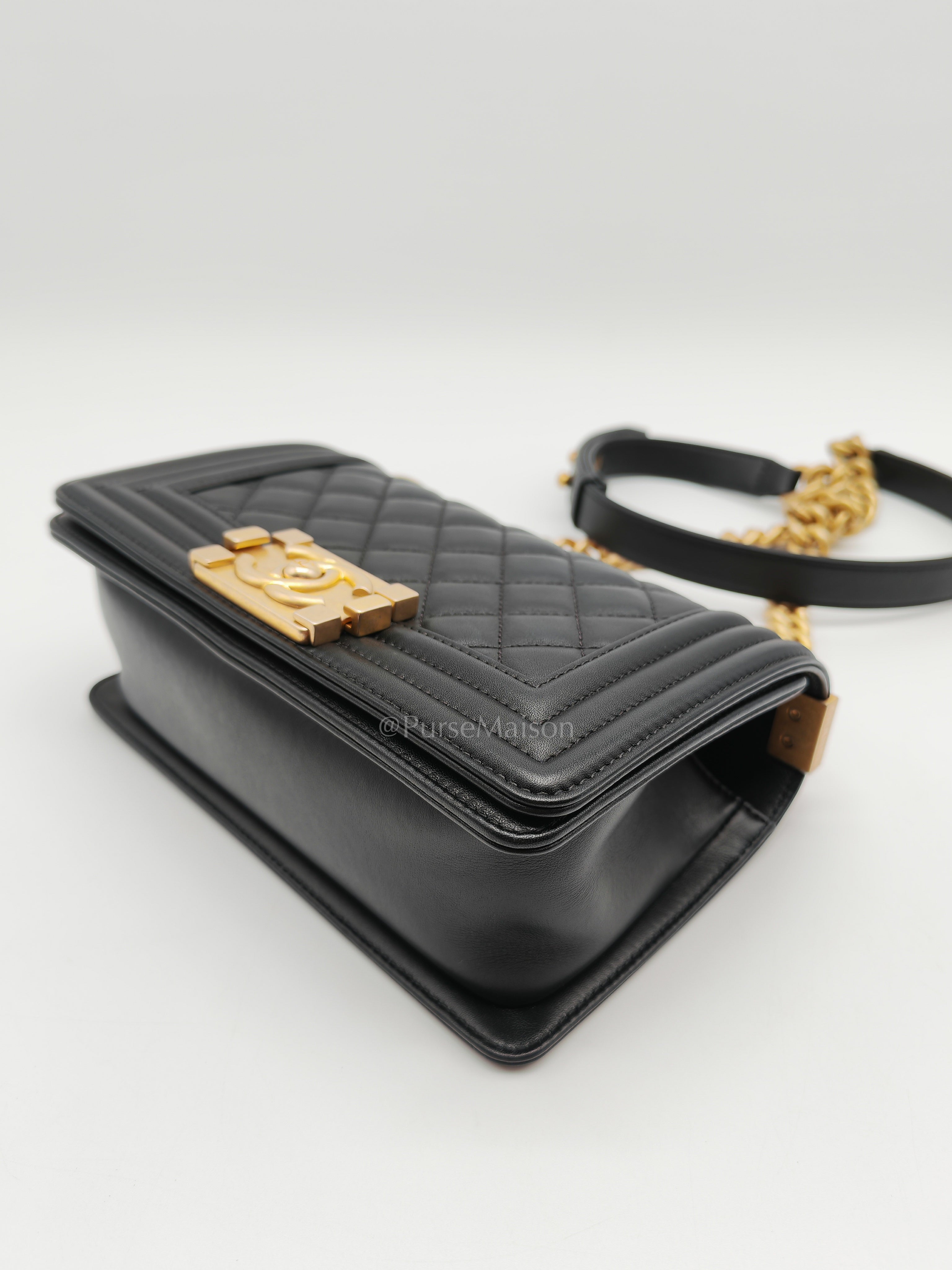 Le Boy Small Black Calfskin Leather in Aged Gold Hardware (Series 28) | Purse Maison Luxury Bags Shop