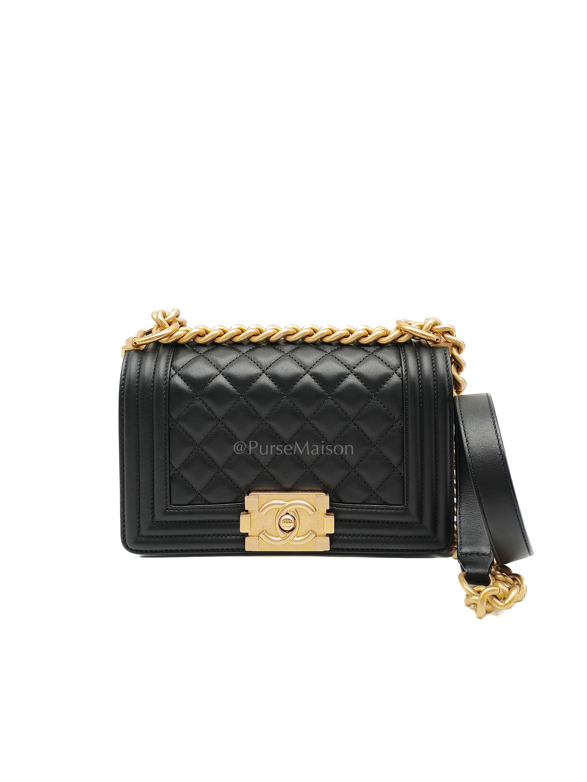 Le Boy Small Black Calfskin Leather in Aged Gold Hardware (Series 28) | Purse Maison Luxury Bags Shop