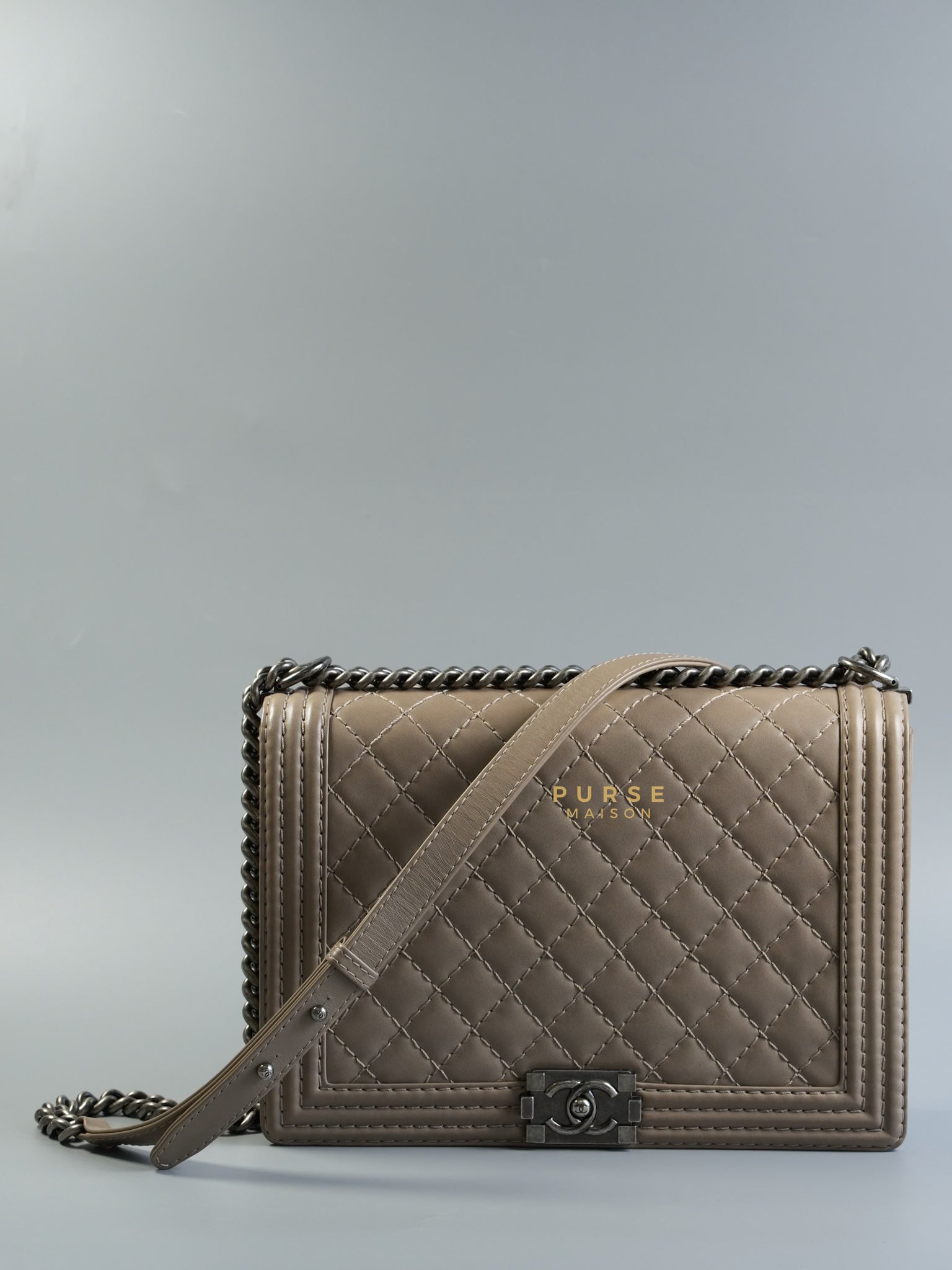 Le Boy Taupe Large Calfskin Leather and Ruthenium Hardware (Series 18) | Purse Maison Luxury Bags Shop