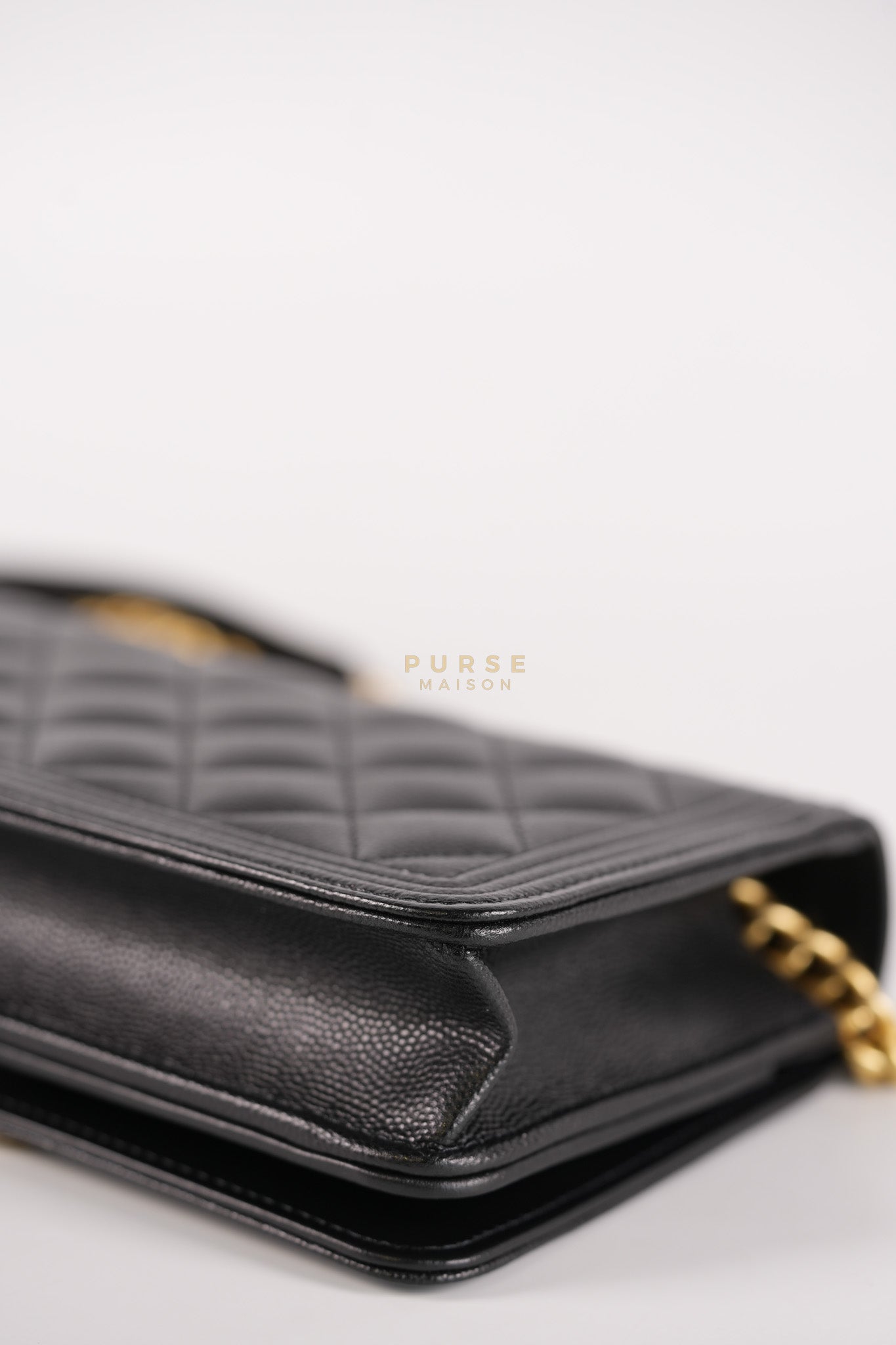 Le Boy Wallet On Chain in Black Caviar Leather Aged Gold Hardware (Microchip) | Purse Maison Luxury Bags Shop