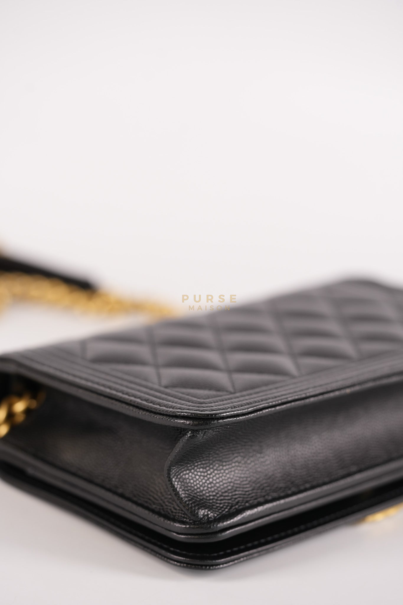 Le Boy Wallet On Chain in Black Caviar Leather Aged Gold Hardware (Microchip) | Purse Maison Luxury Bags Shop