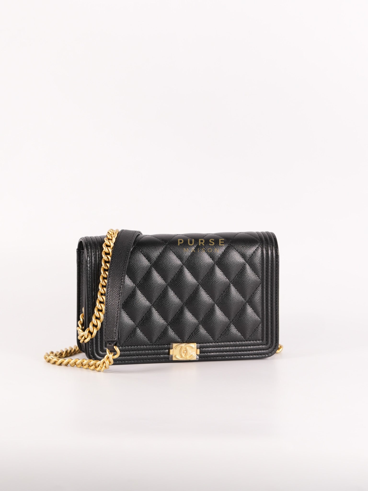 Le Boy Wallet On Chain in Black Caviar Leather Aged Gold Hardware (Microchip) | Purse Maison Luxury Bags Shop