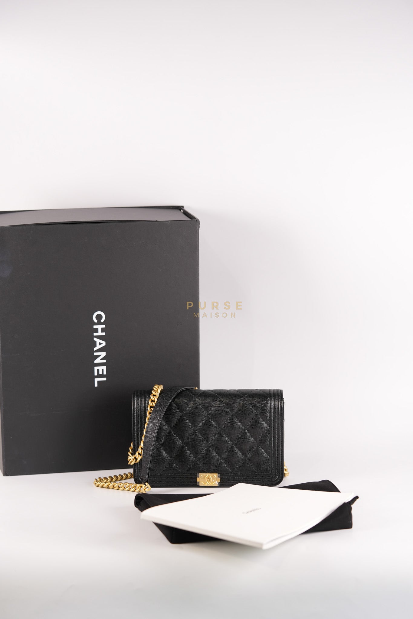 Le Boy Wallet On Chain in Black Caviar Leather Aged Gold Hardware (Microchip) | Purse Maison Luxury Bags Shop
