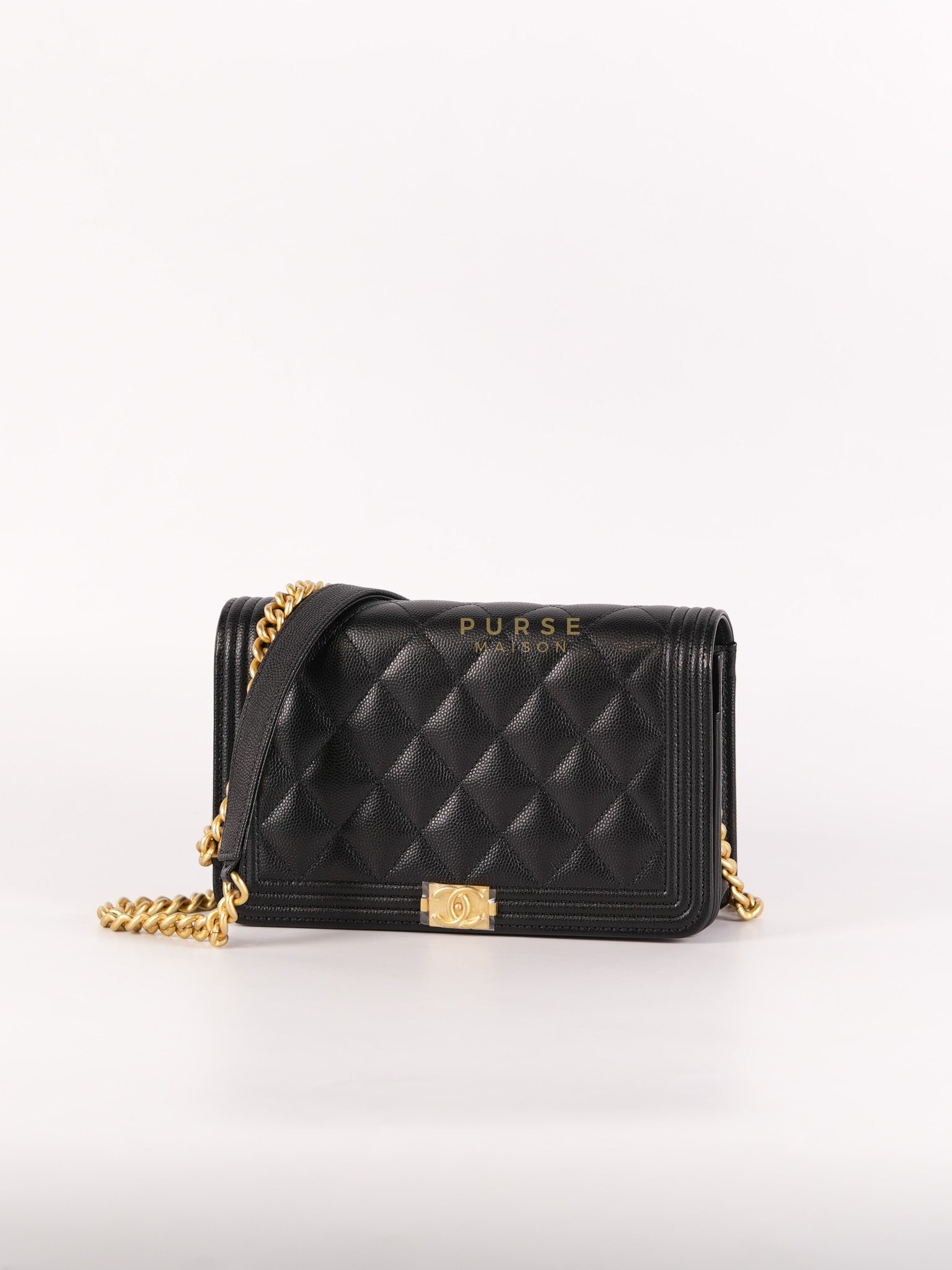 Le Boy Wallet On Chain in Black Caviar Leather Aged Gold Hardware (Microchip) | Purse Maison Luxury Bags Shop