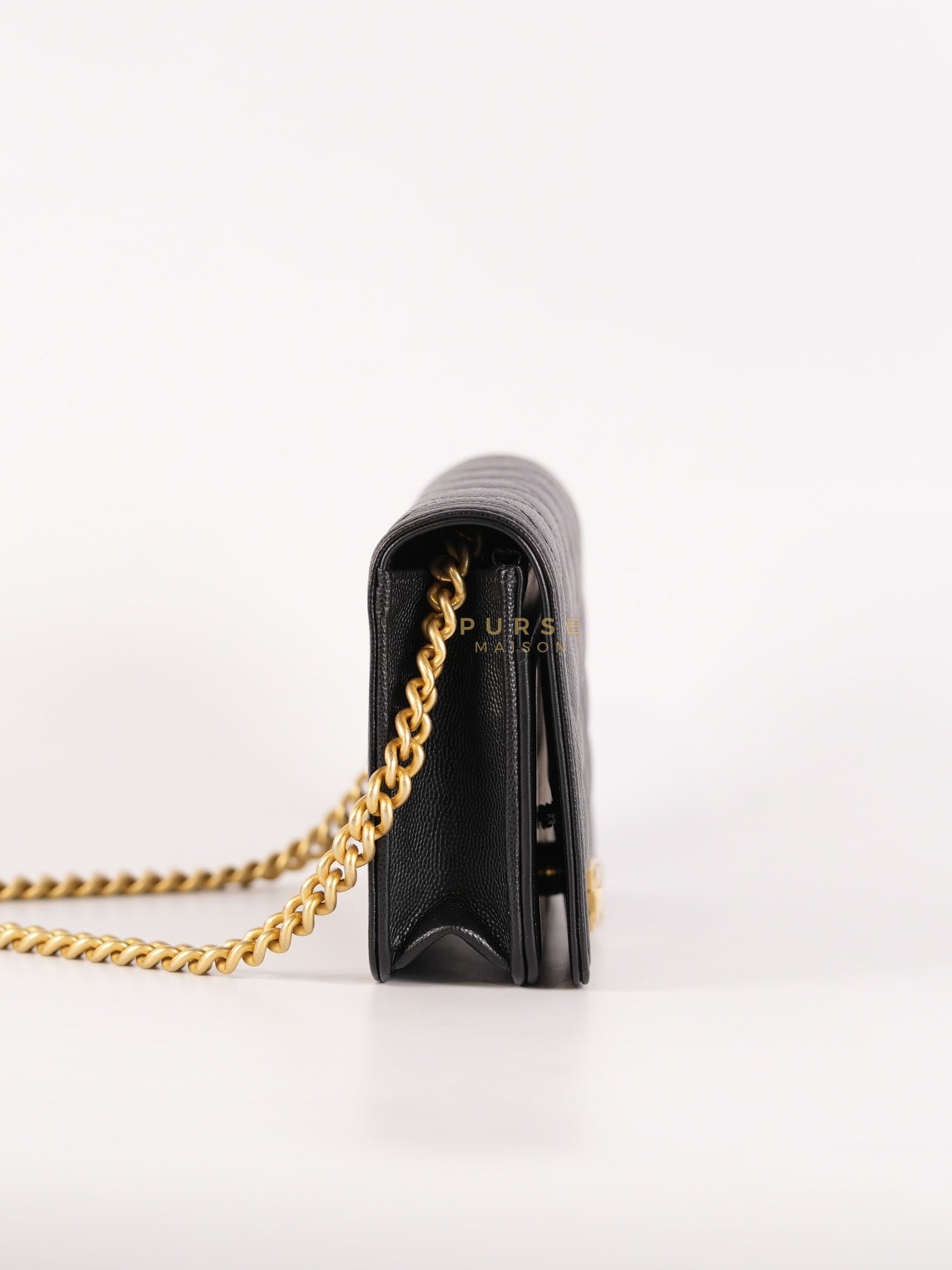 Le Boy Wallet On Chain in Black Caviar Leather Aged Gold Hardware (Microchip) | Purse Maison Luxury Bags Shop