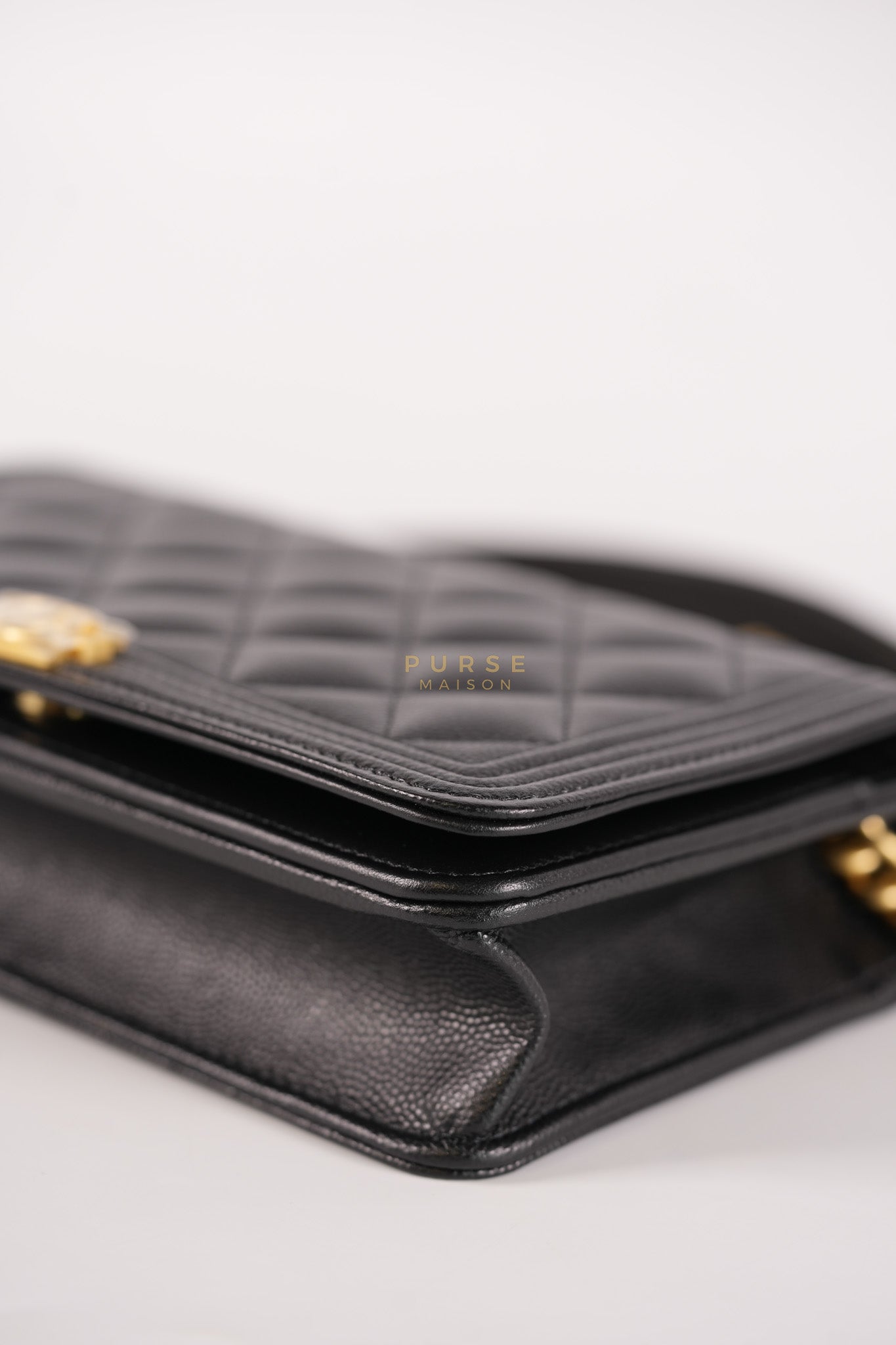 Le Boy Wallet On Chain in Black Caviar Leather Aged Gold Hardware (Microchip) | Purse Maison Luxury Bags Shop