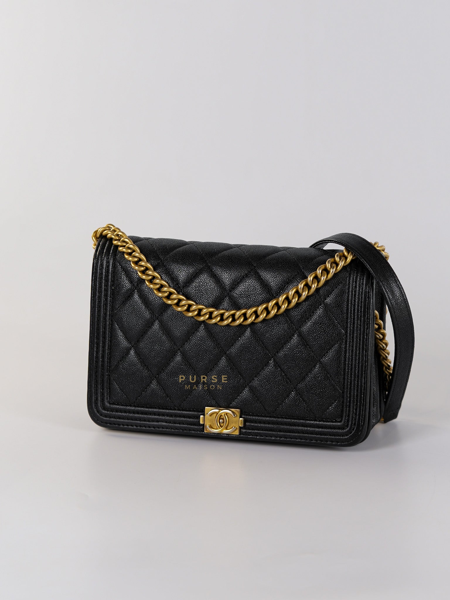 Le Boy Wallet on Chain in Black Caviar Leather & Aged Gold Hardware(Series 26) | Purse Maison Luxury Bags Shop
