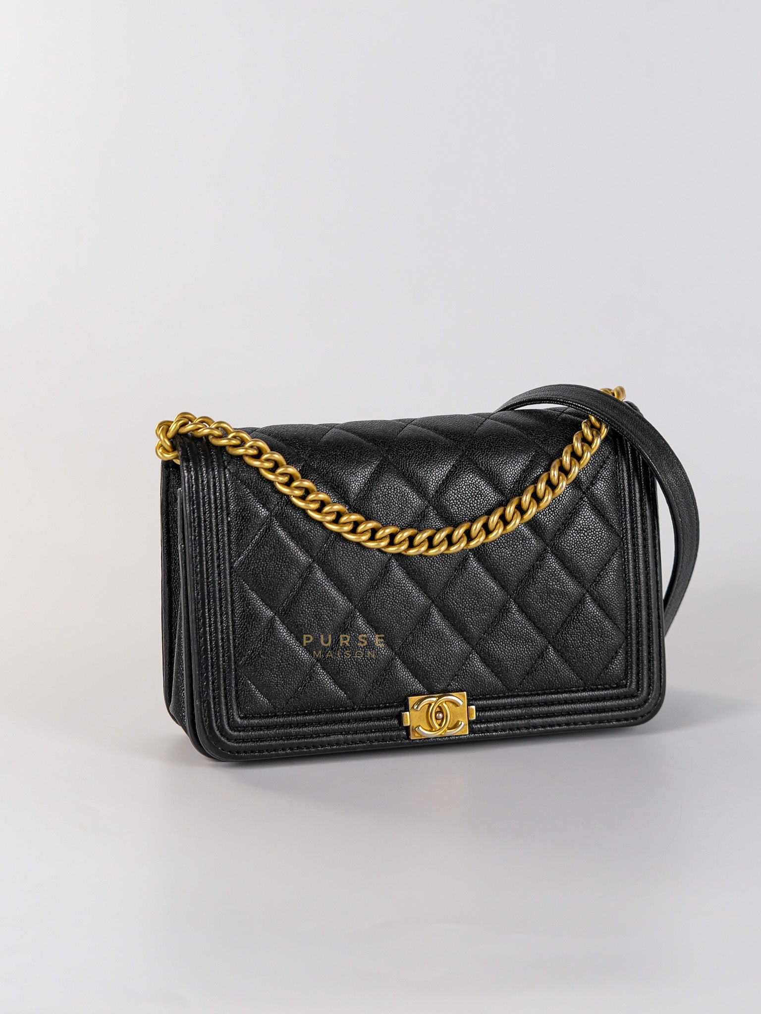 Le Boy Wallet on Chain in Black Caviar Leather & Aged Gold Hardware(Series 26) | Purse Maison Luxury Bags Shop