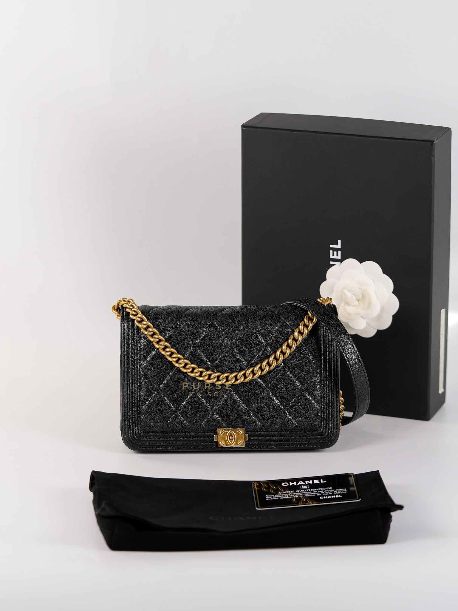 Le Boy Wallet on Chain in Black Caviar Leather & Aged Gold Hardware(Series 26) | Purse Maison Luxury Bags Shop