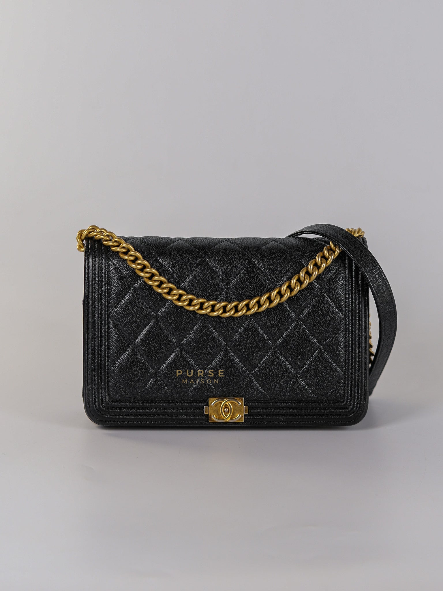 Le Boy Wallet on Chain in Black Caviar Leather & Aged Gold Hardware(Series 26) | Purse Maison Luxury Bags Shop